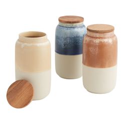 Tall Reactive Glaze Ceramic and Wood Storage Canister