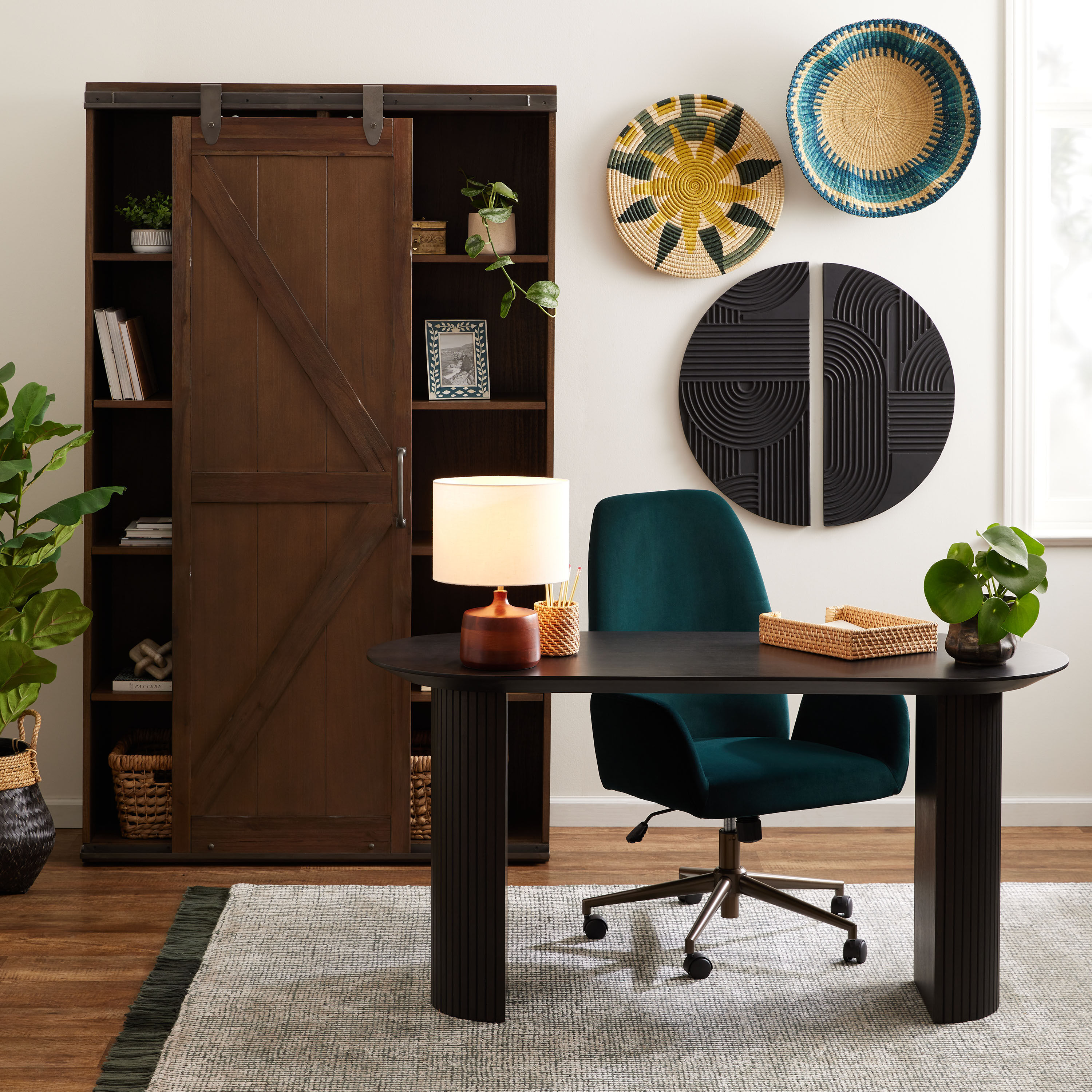 Alder wood farmhouse barn door bookshelf sale