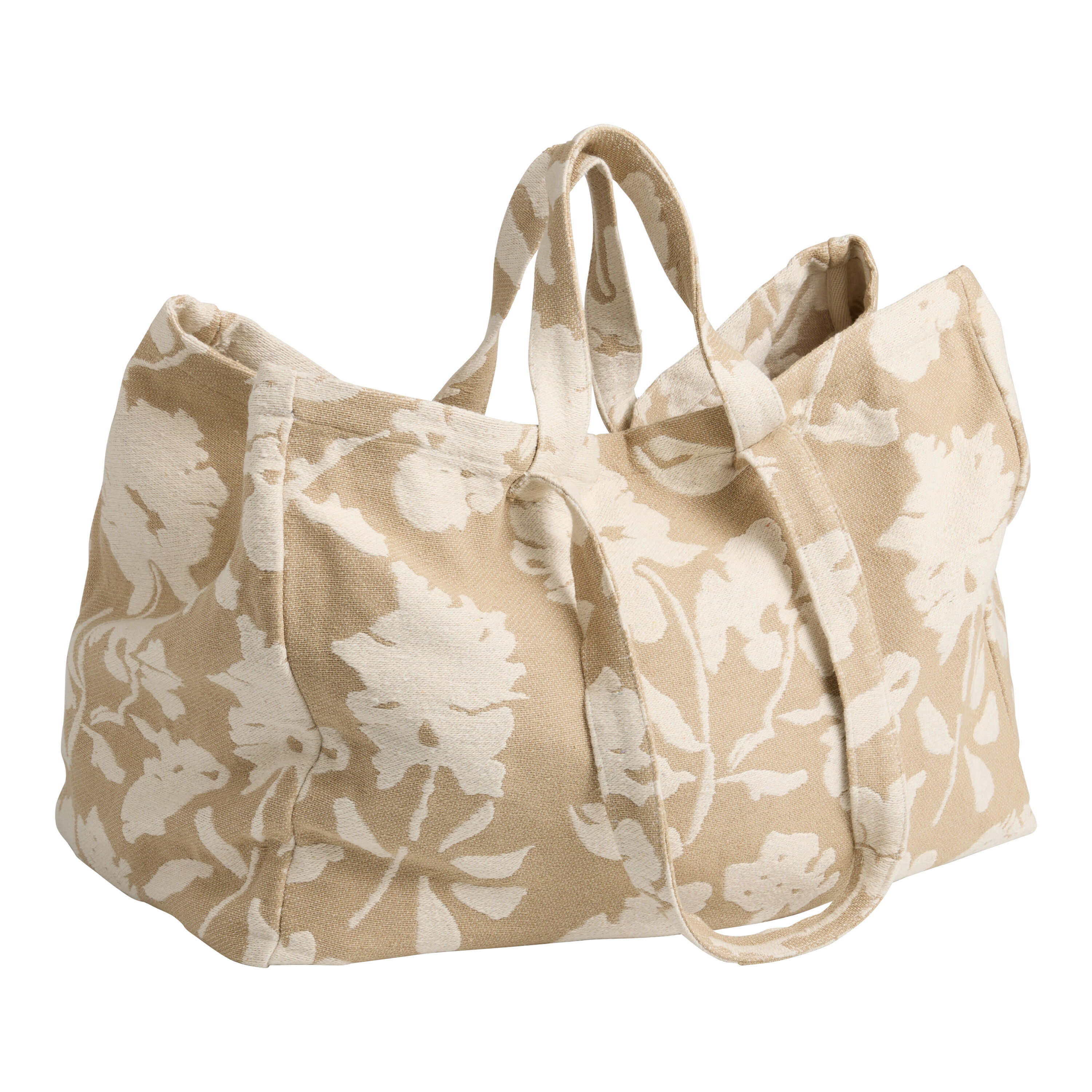 Tan and Ivory Jacquard Floral Tote Bag image number 0