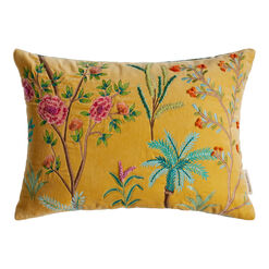 Golden Yellow Velvet Floral Embroidered Lumbar Pillow