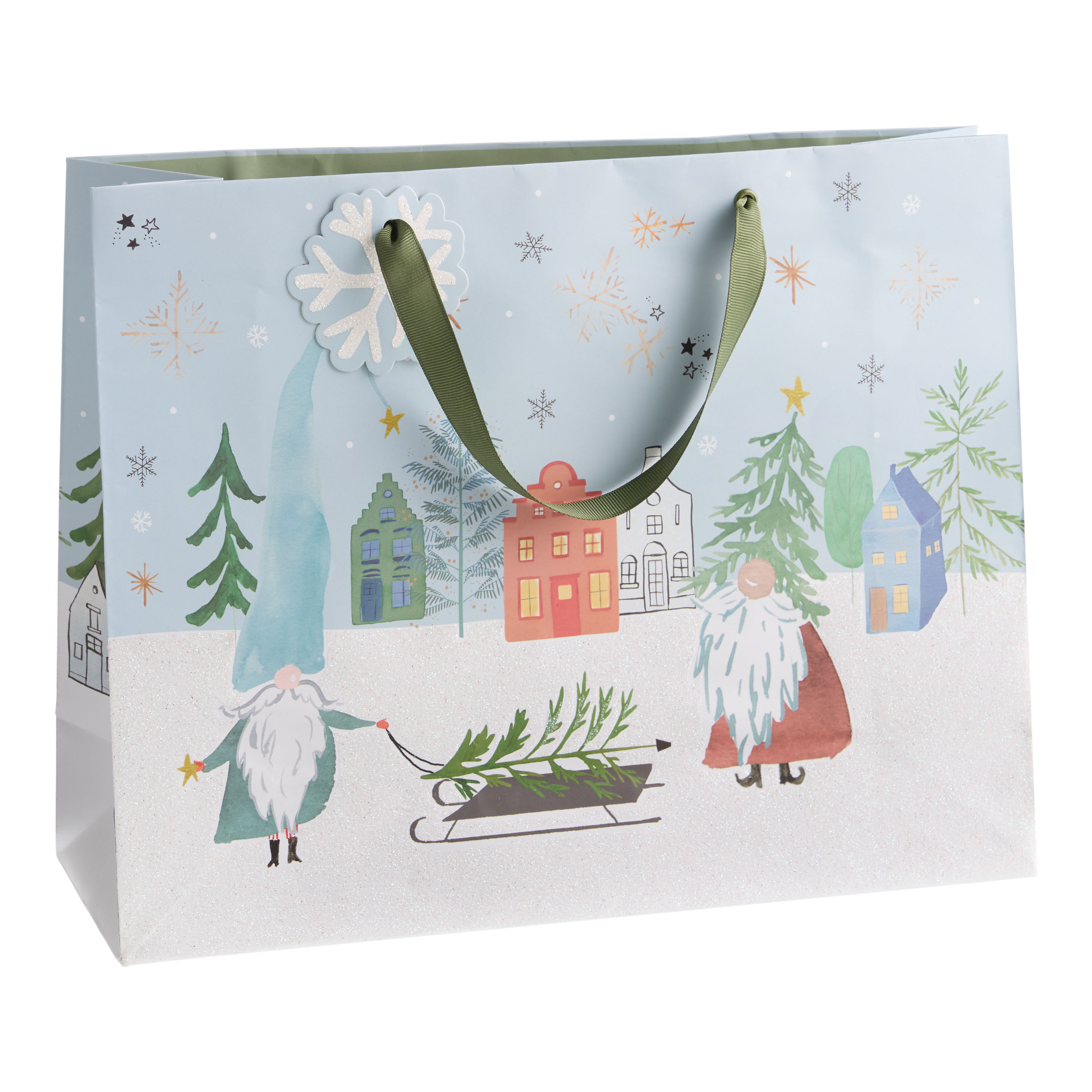 Large Wide Glitter Winter Gnomes Holiday Gift Bag image number 0