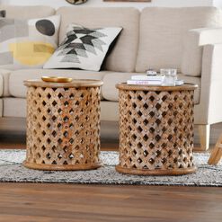 Round Aged Driftwood Carved Wood Lattice Side Table