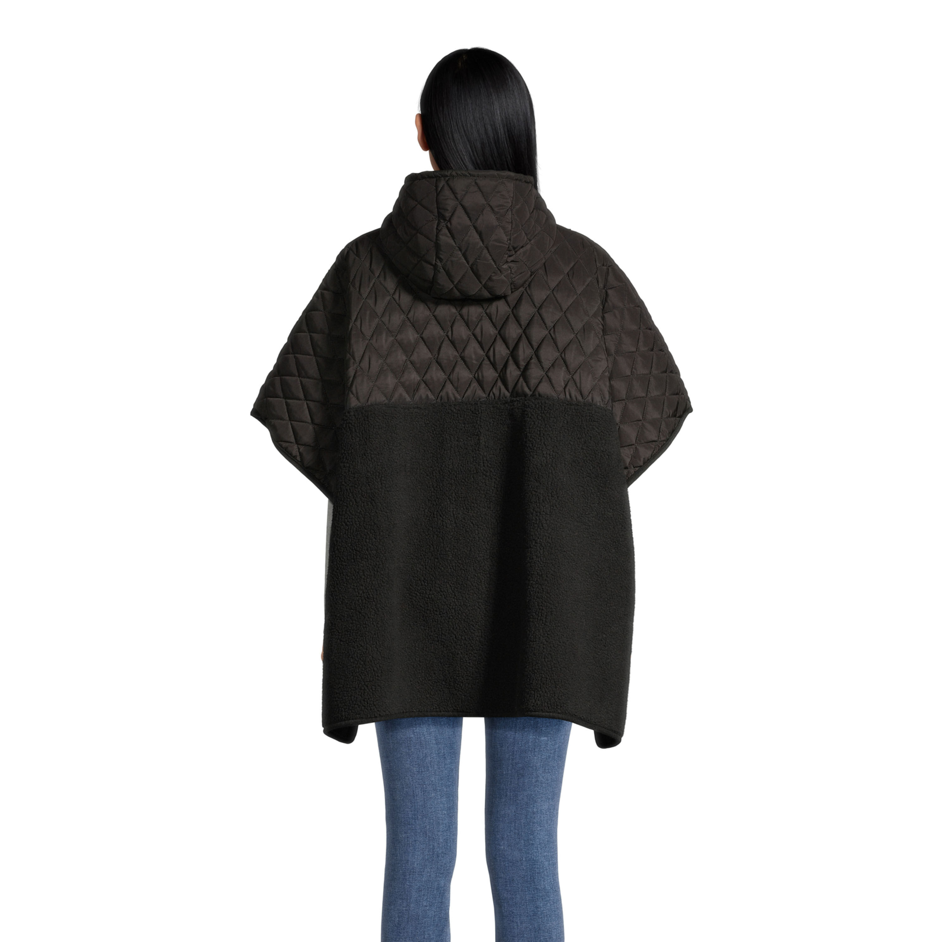 Black Quilted Faux Sherpa Hooded Poncho with Pockets World Market