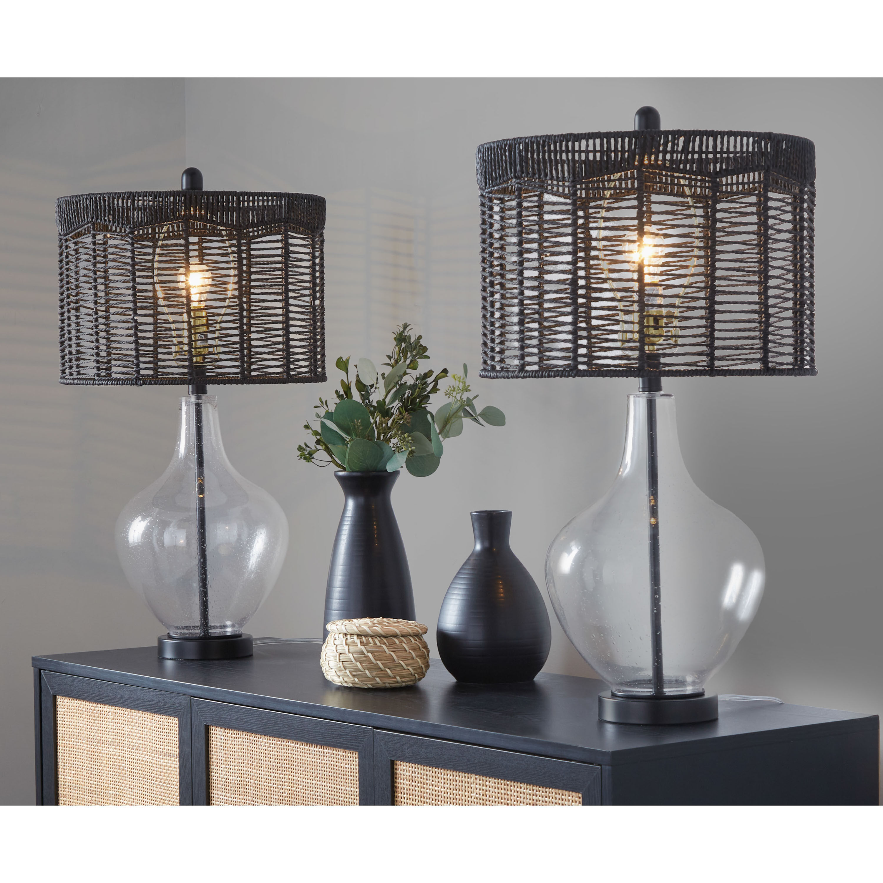 Vincent Clear Glass and Black Rattan Table Lamp 2 Piece Set by World Market