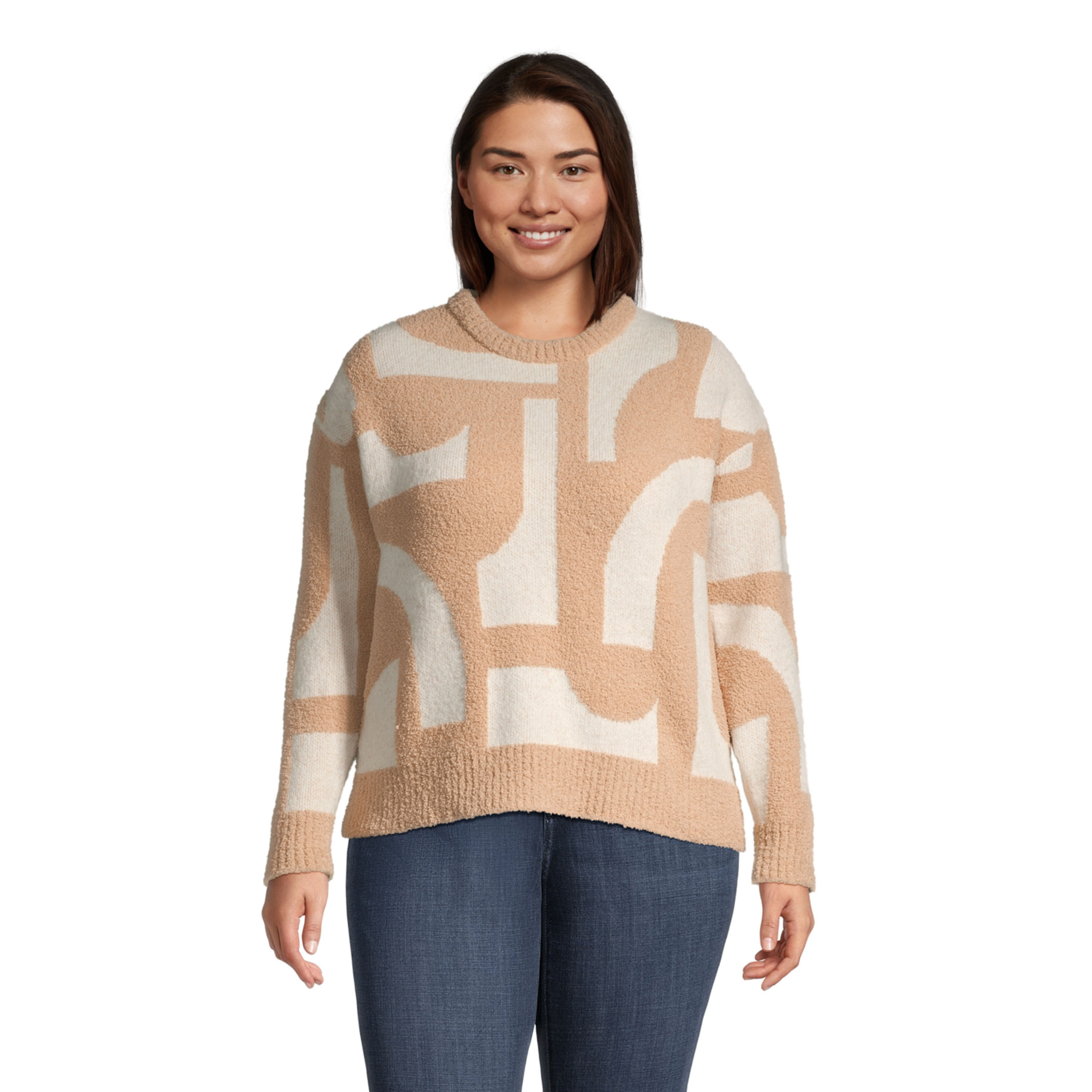 Tan and White Modern Abstract Intarsia Teddy Sweater image number 0