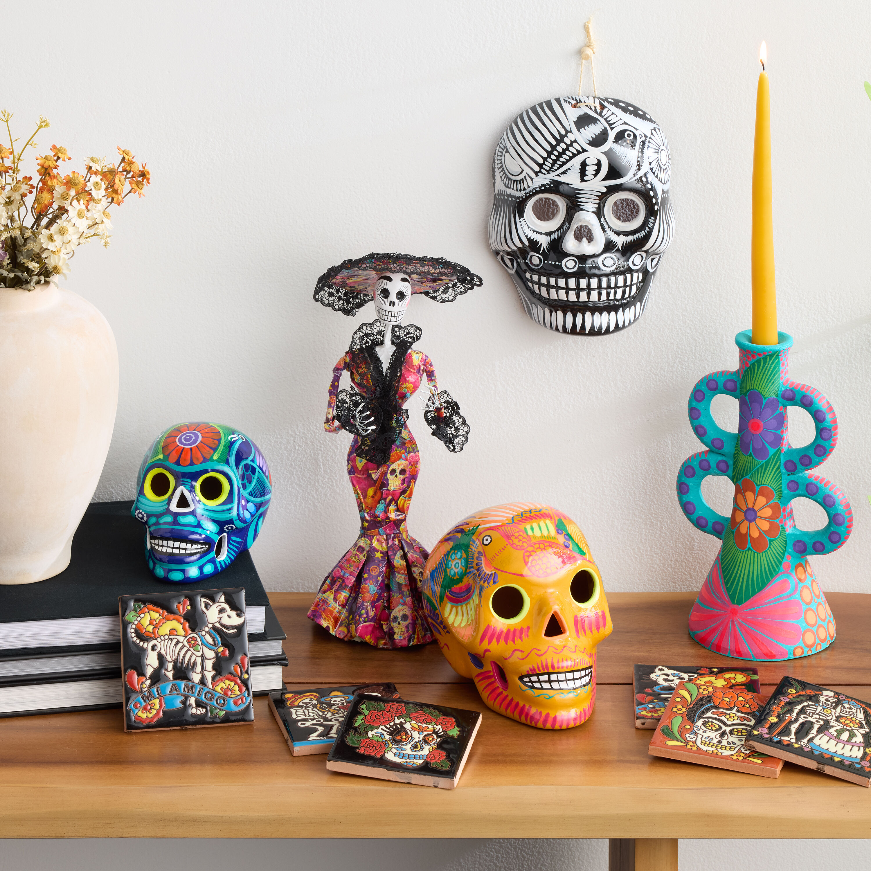 CRAFT Medium Green Ceramic Dia de Los Muertos Skull Decor image number 1