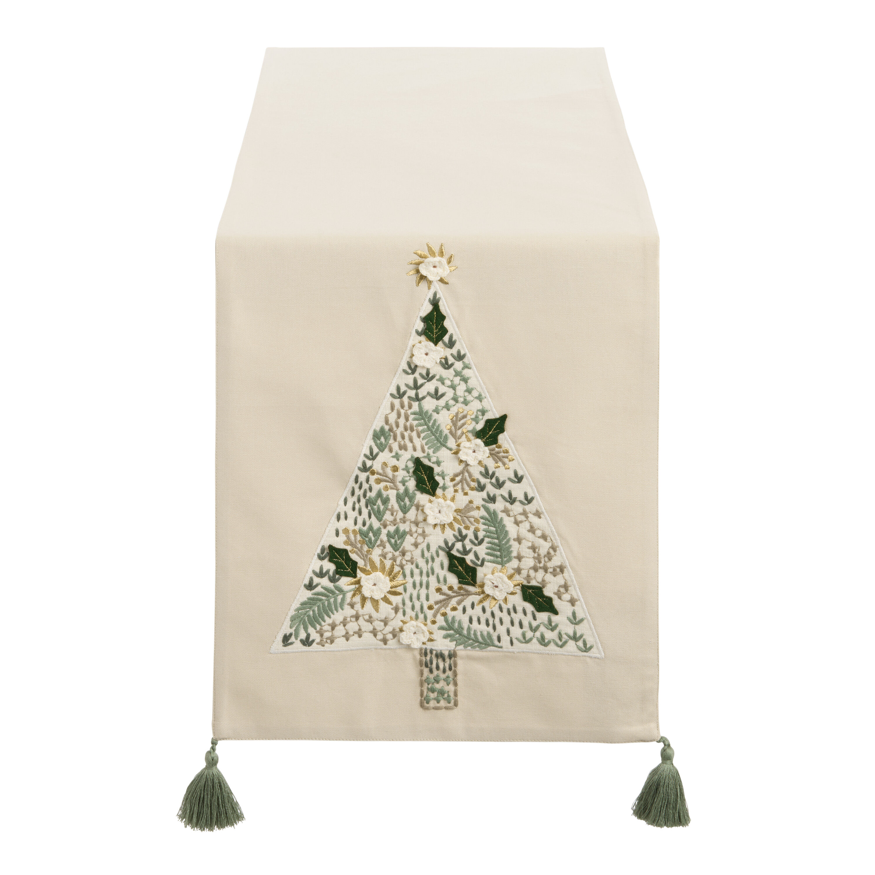 Ivory and Green Christmas Tree Embroidered Table Runner image number 0