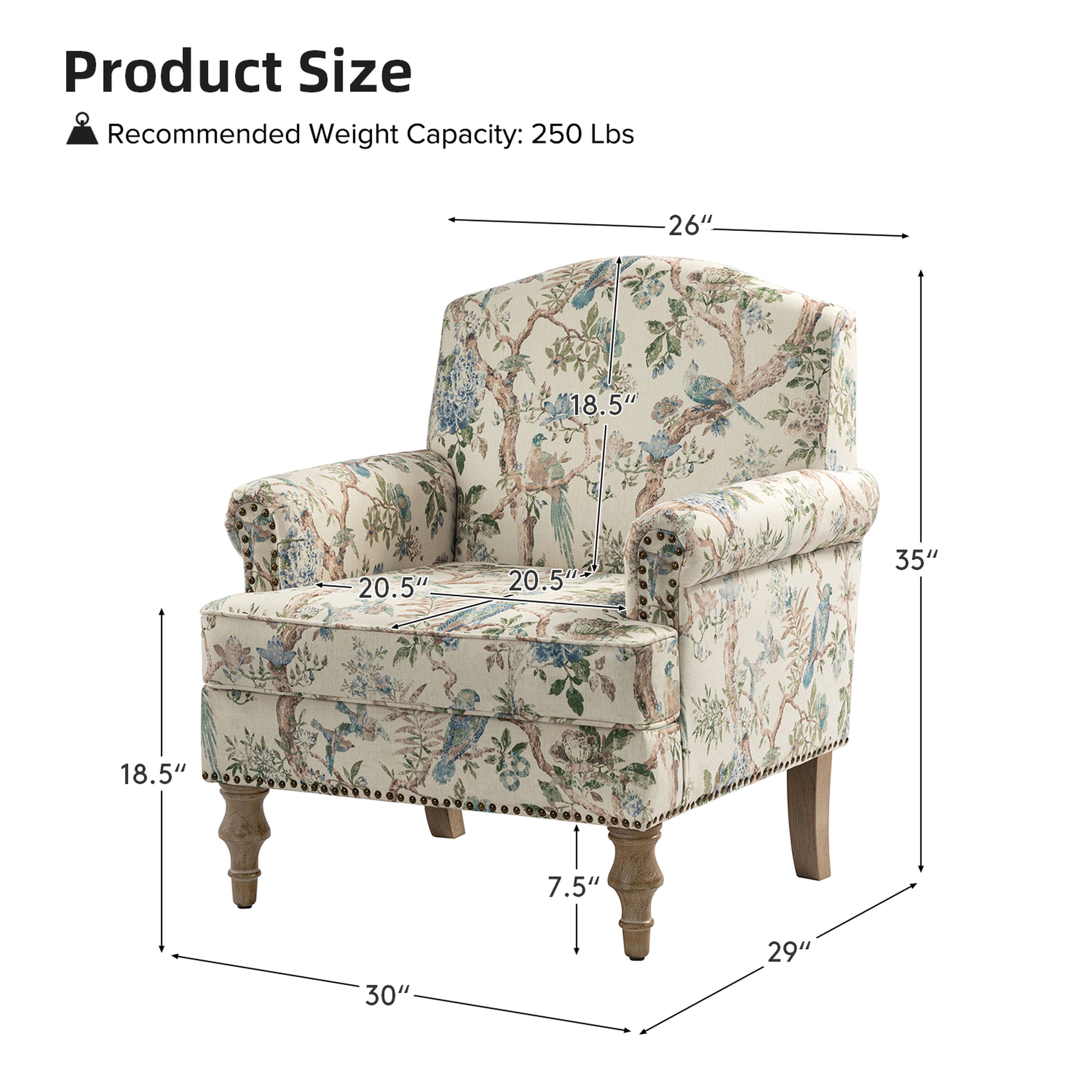Nina Botanical Bird Print Roll Arm Upholstered Chair image number 6