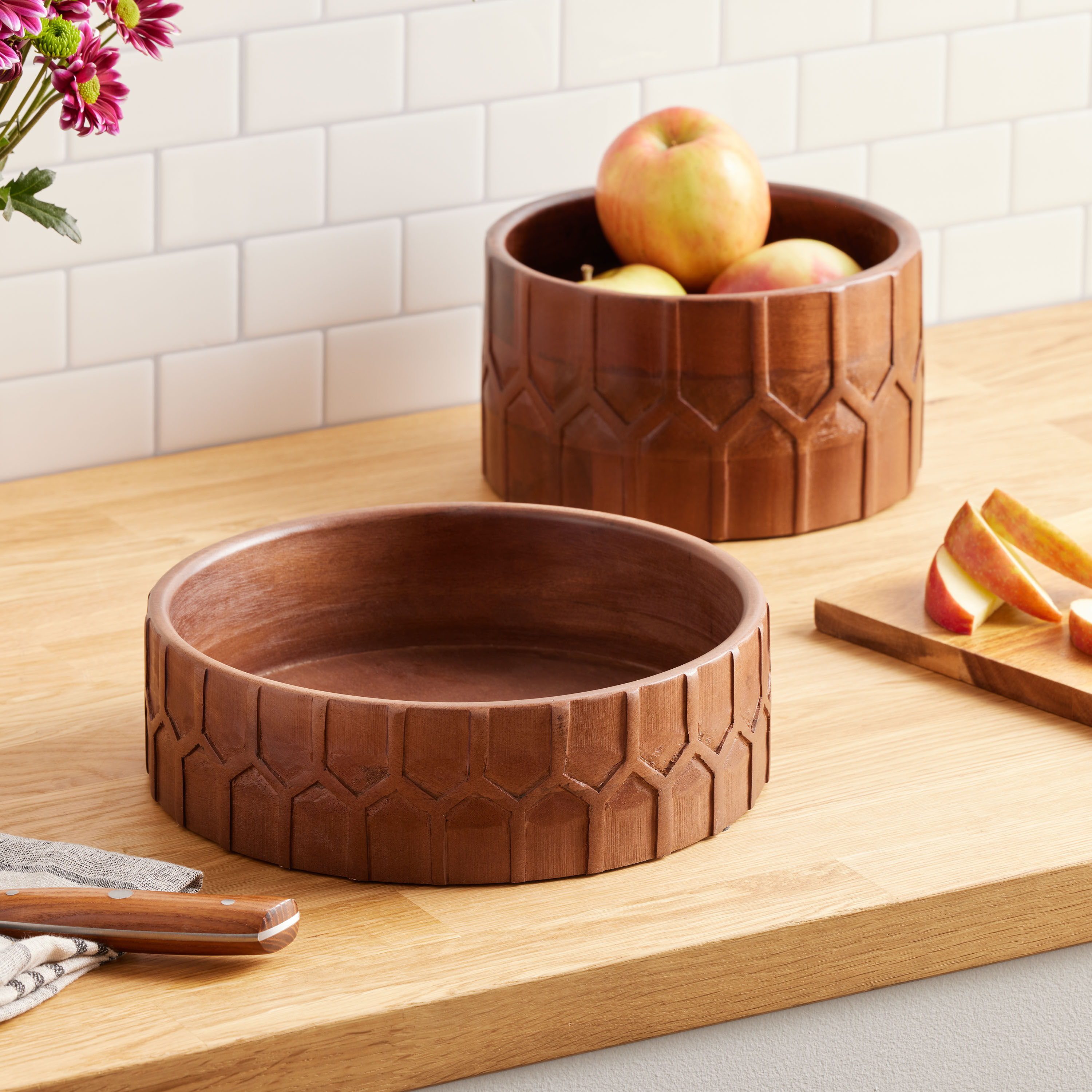 Large Natural Mango Wood Carved Serving Bowl image number 1