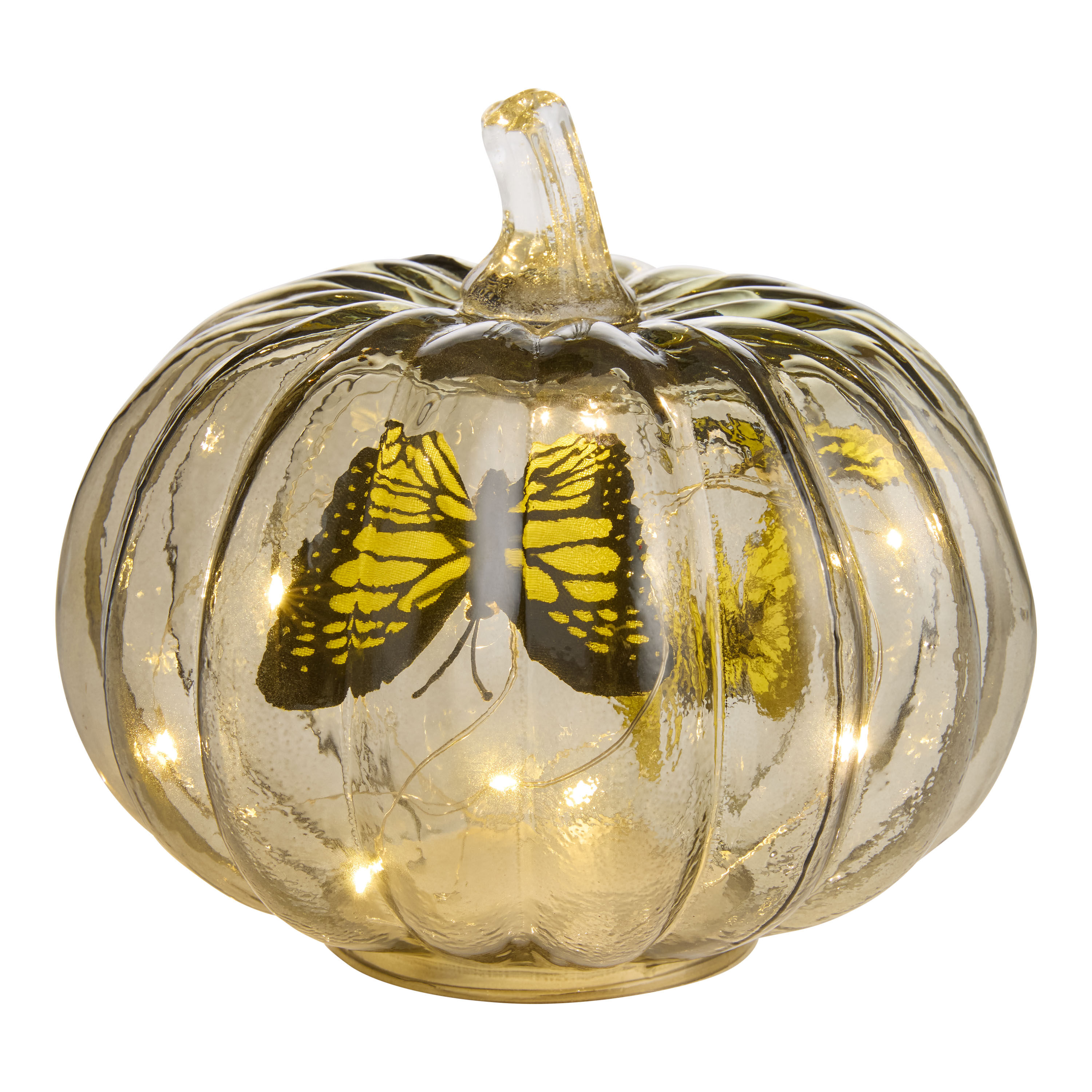 Smoky Glass Pumpkin with Butterflies LED Light Up Decor image number 1
