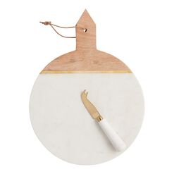 White Marble and Wood Cheese Serving Board and Knife Set