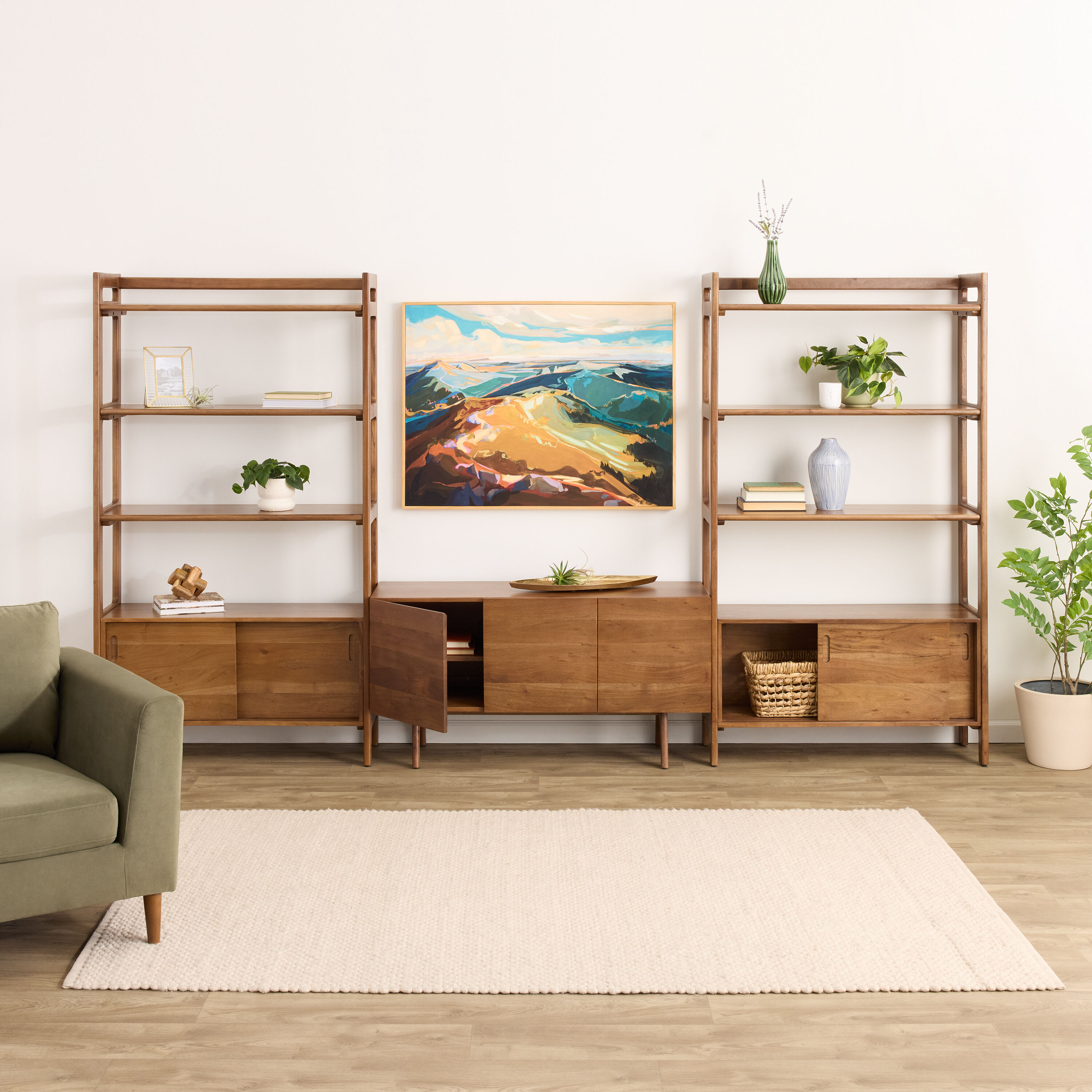 Dane Modular 48 Inch Media Wall System with Cabinet Bookshelves 3 Piece Set image number 2