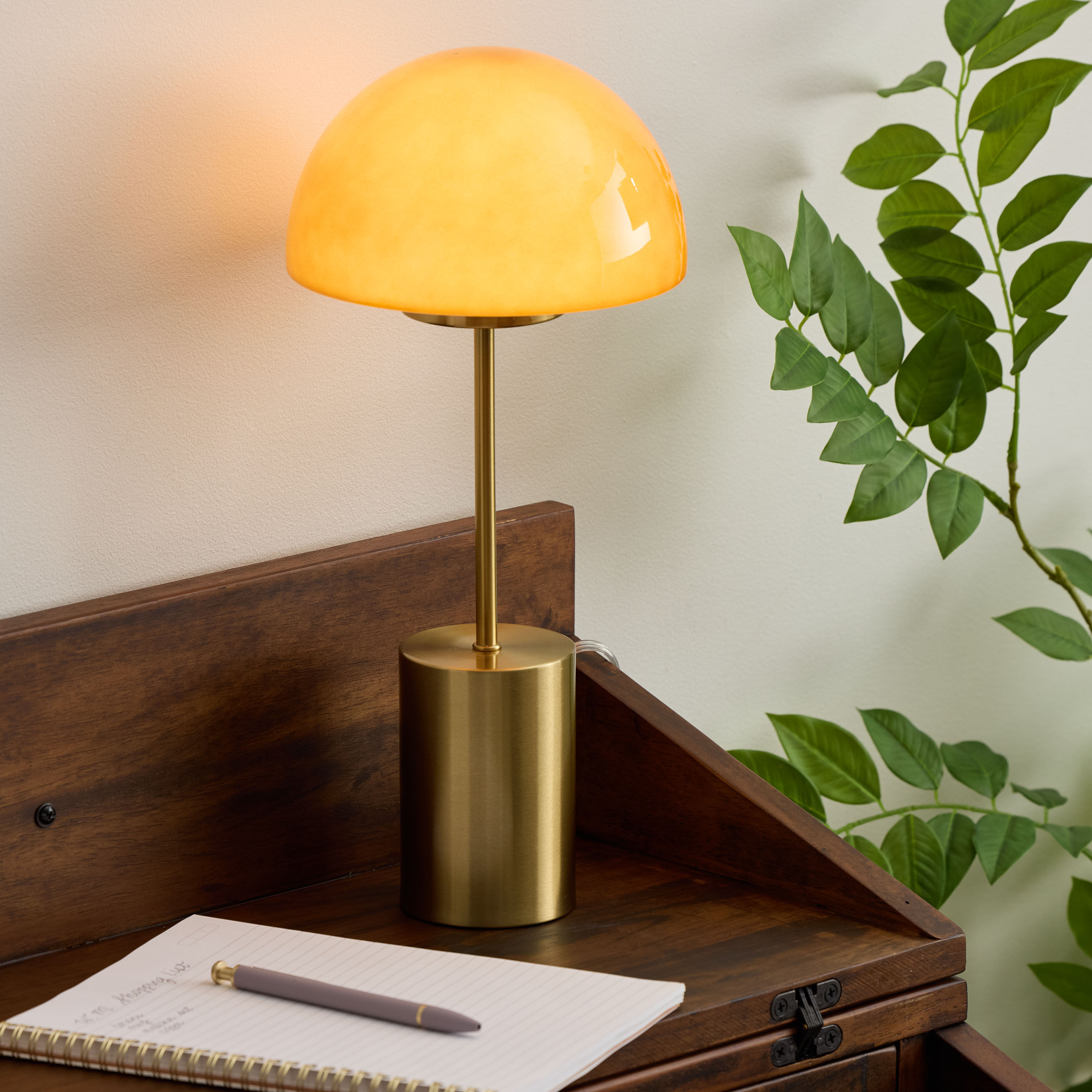 Amber Blown Glass Dome and Brushed Brass LED Table Lamp