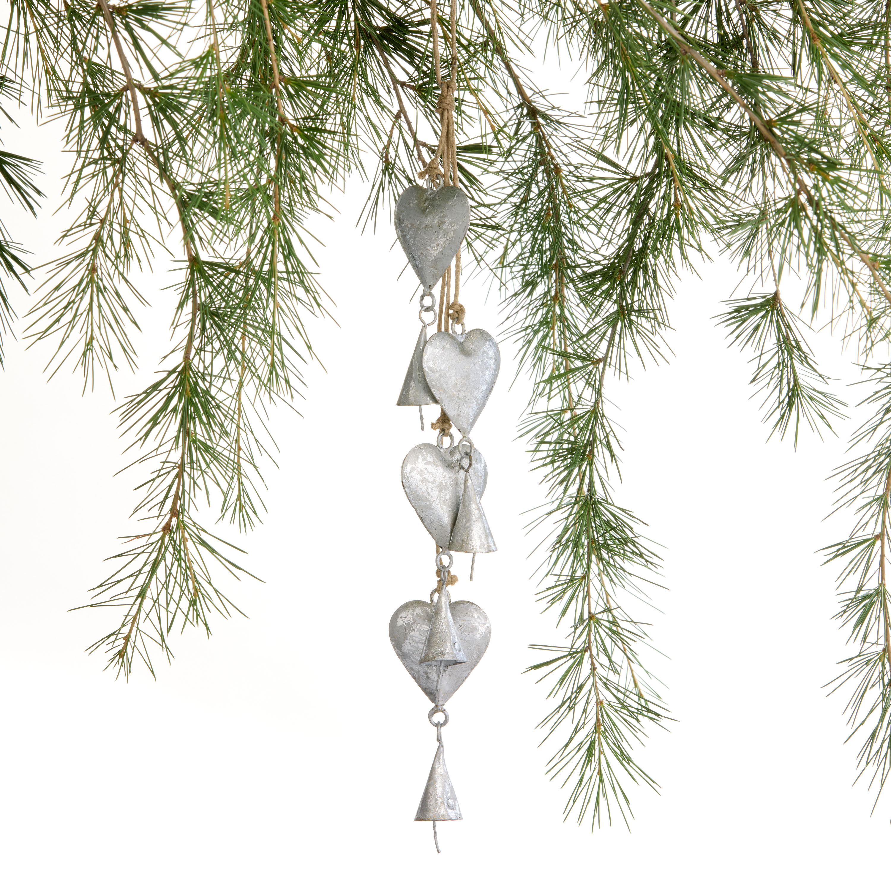 Silver Metal Heart and Bell Cluster Ornament