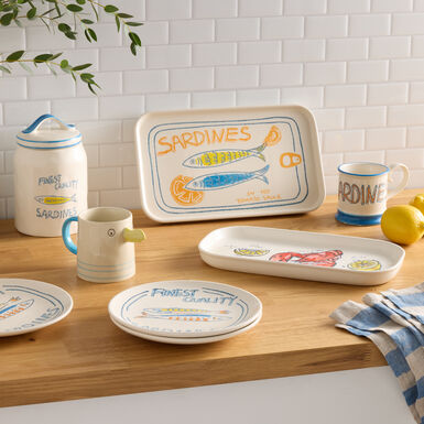 Ivory and Blue Wax Resist Sardines Hand Painted Salad Plate Ivory and Blue Wax Resist Sardines Hand Painted Salad Plate