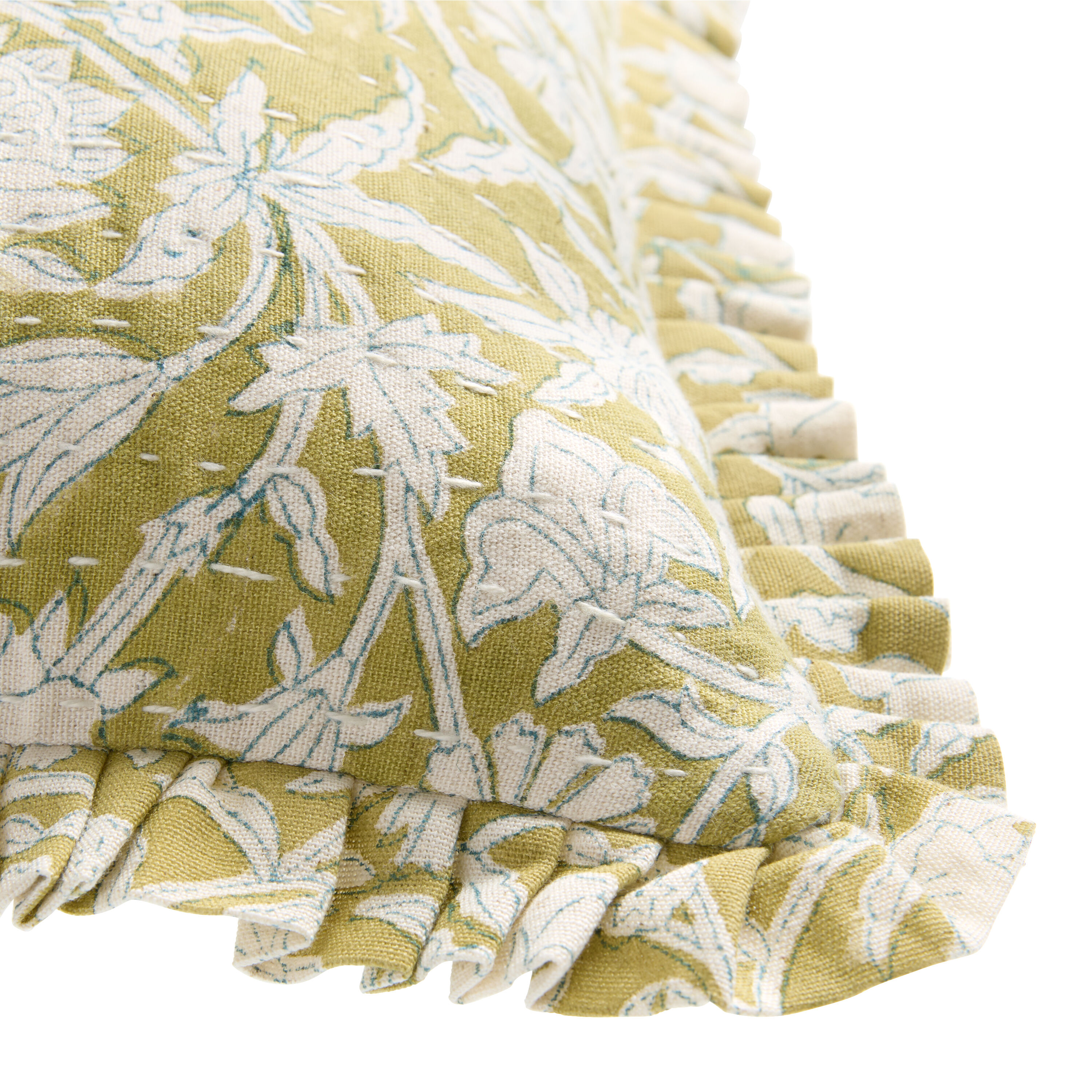 Sage Green and Blue Floral Ruffle Block Print Throw Pillow image number 2