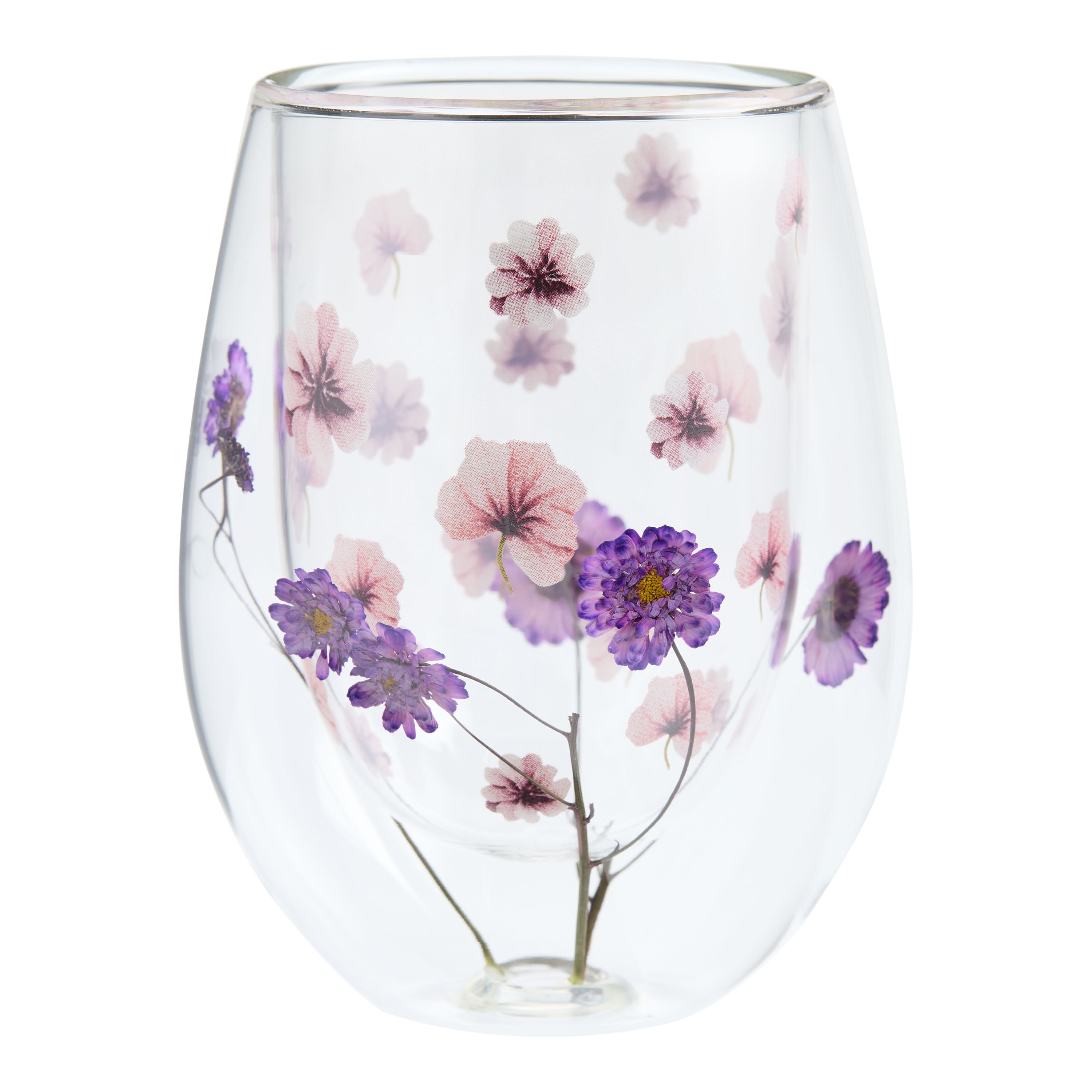 Botanica Pressed Flower Double Walled Stemless Wine Glass