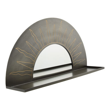 Black and Gold Iron Etched Sun Mirror with Shelf Black and Gold Iron Etched Sun Mirror with Shelf