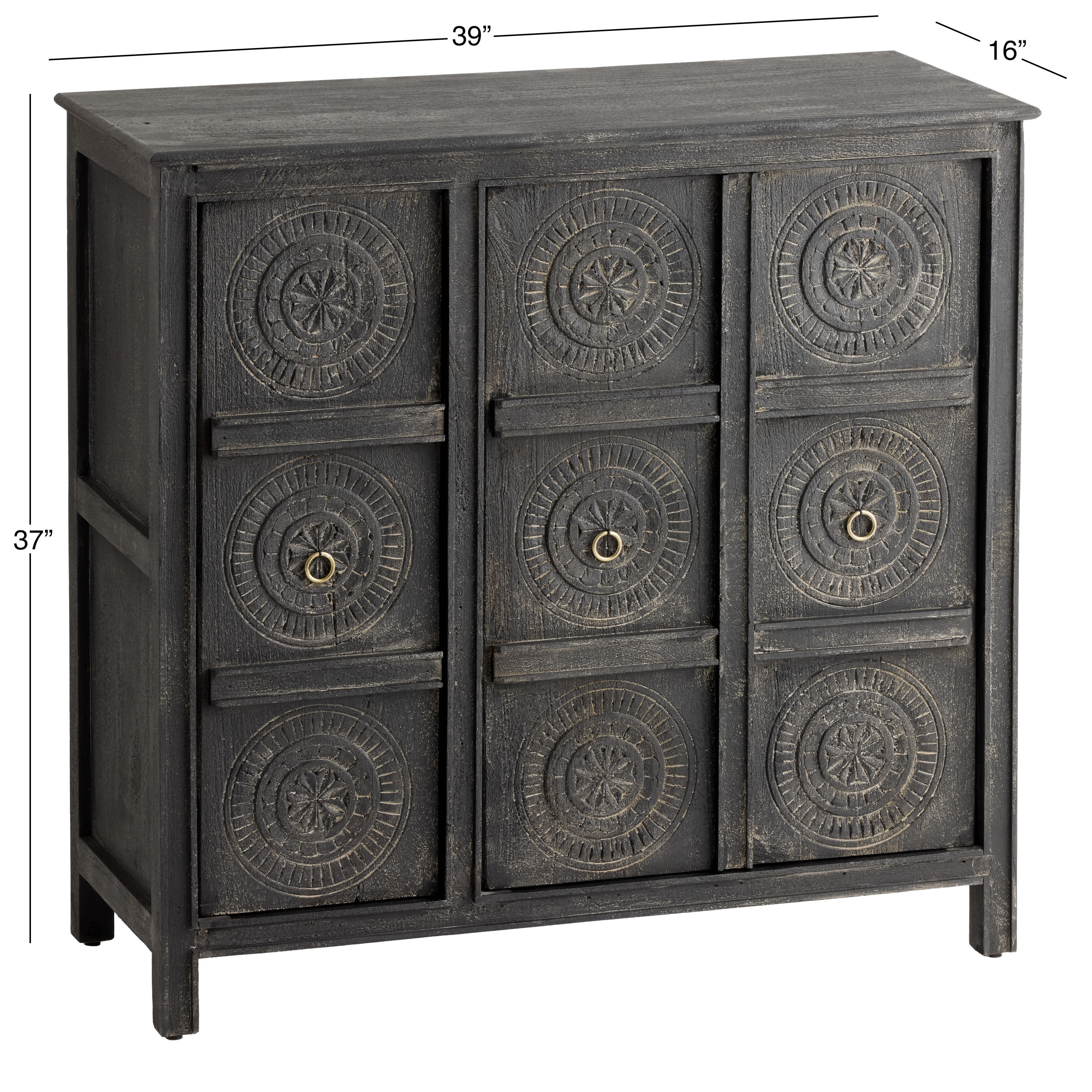 Shimla Distressed Black Carved Wood Medallion Storage Cabinet image number 6