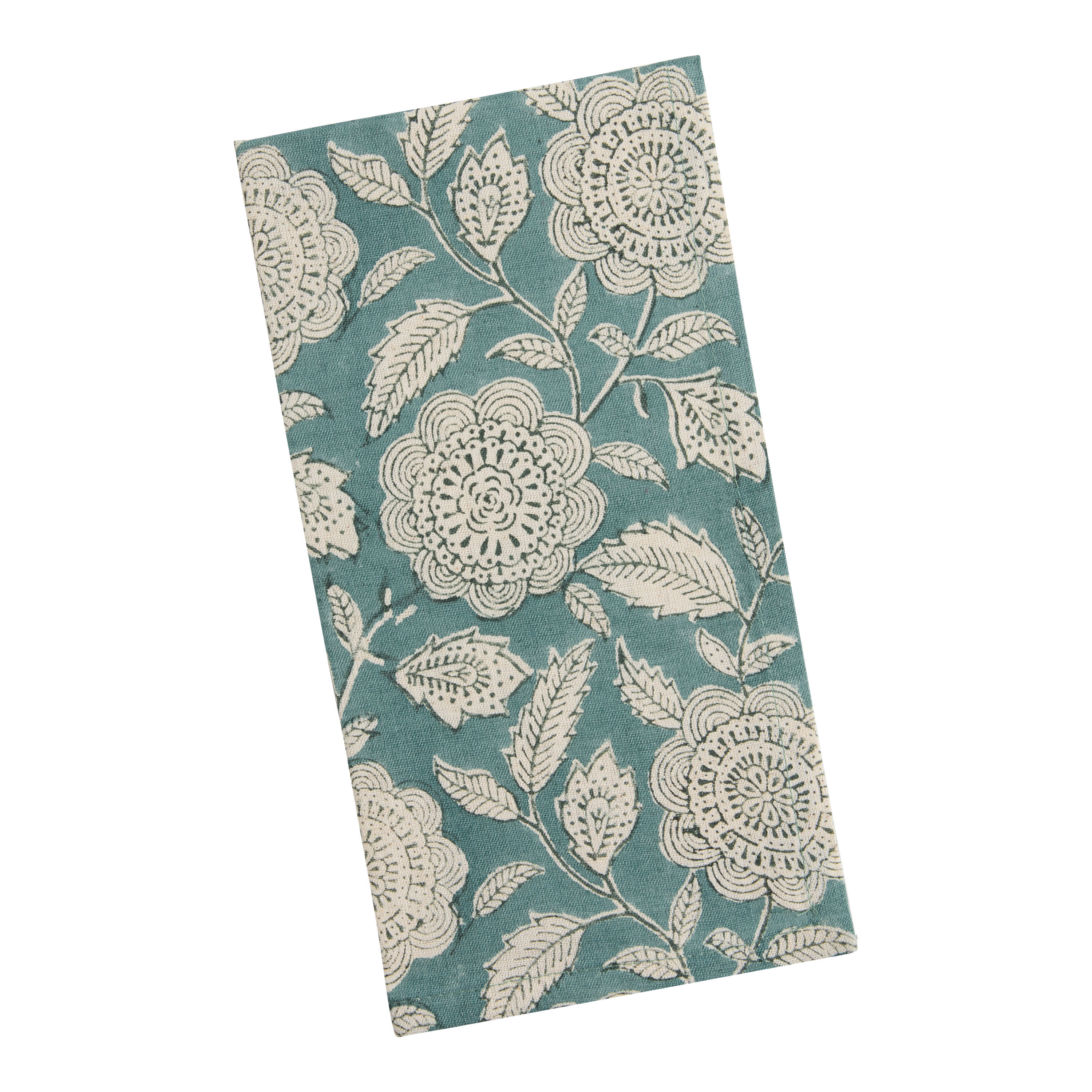 Aqua and White Floral Block Print Napkin Set of 4 image number 0