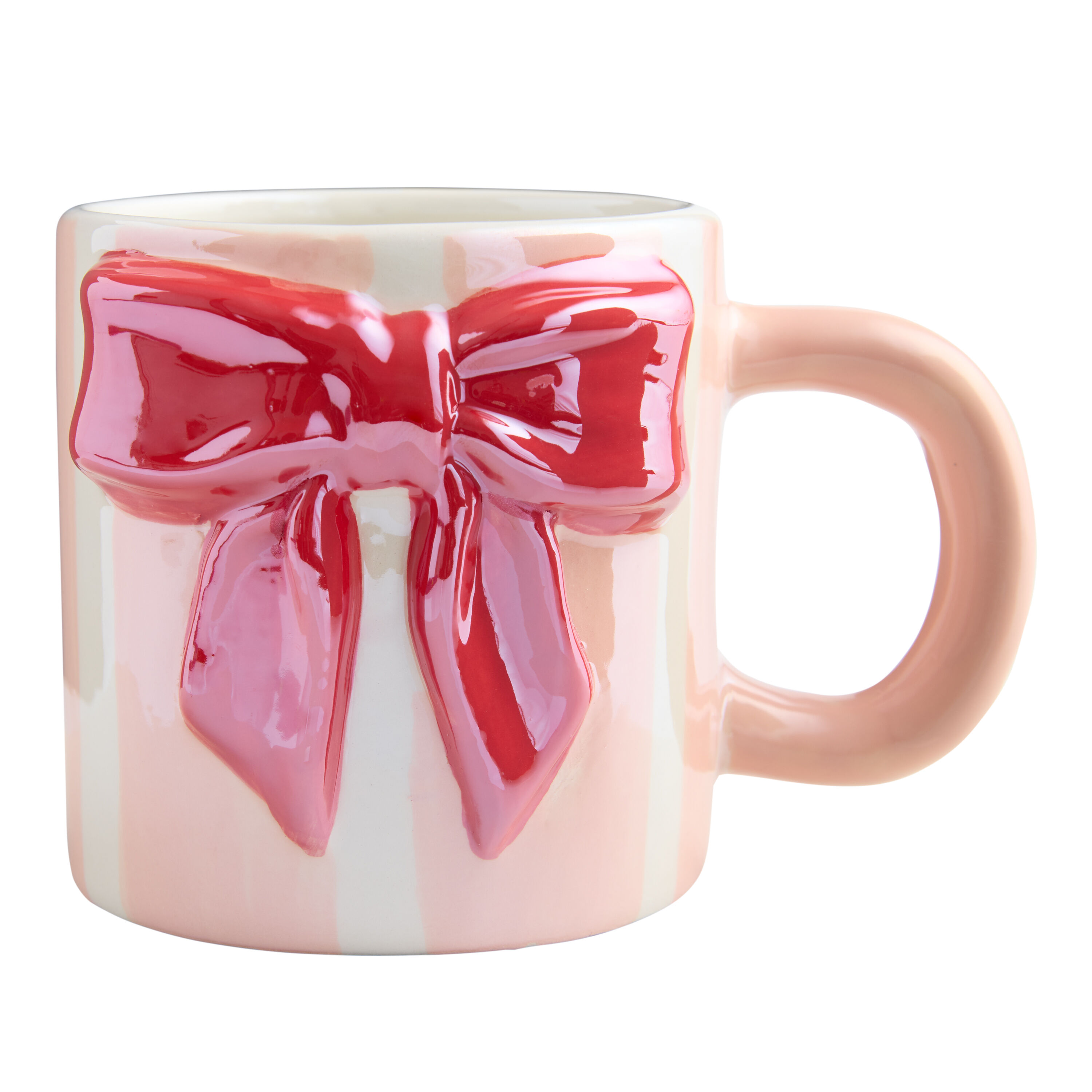 Iridescent Pink Striped Bow Hand Painted Ceramic Mug