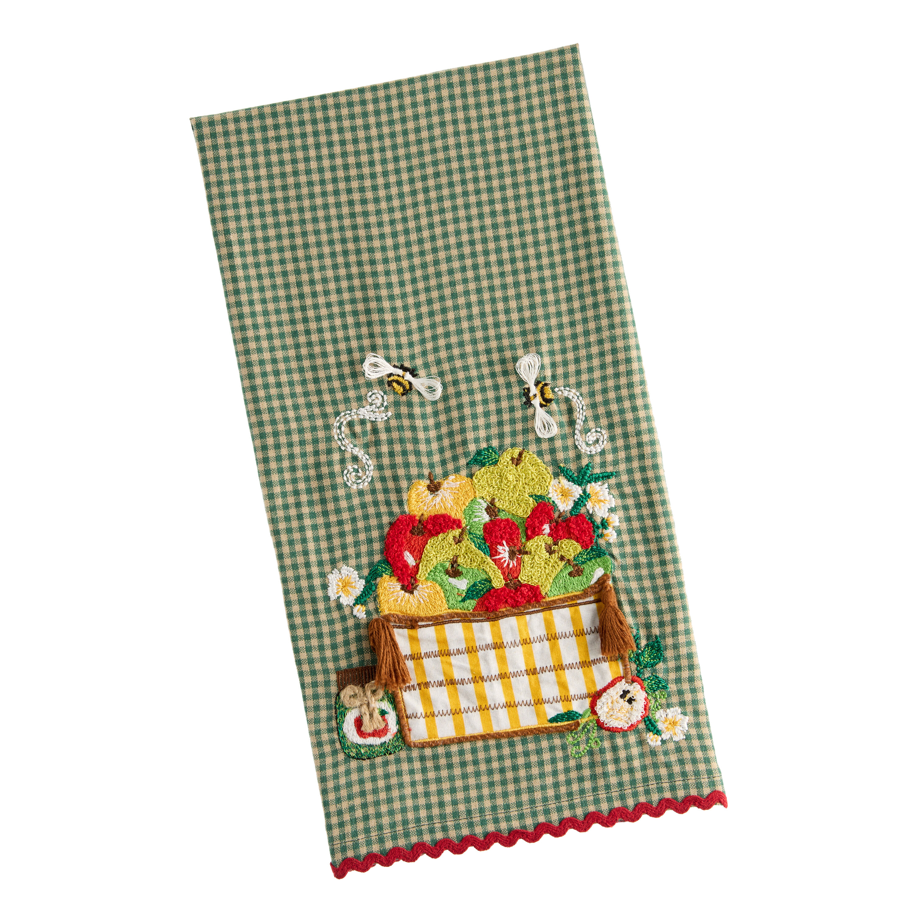 Green Gingham Apple Basket Embroidered Kitchen Towel image number 0