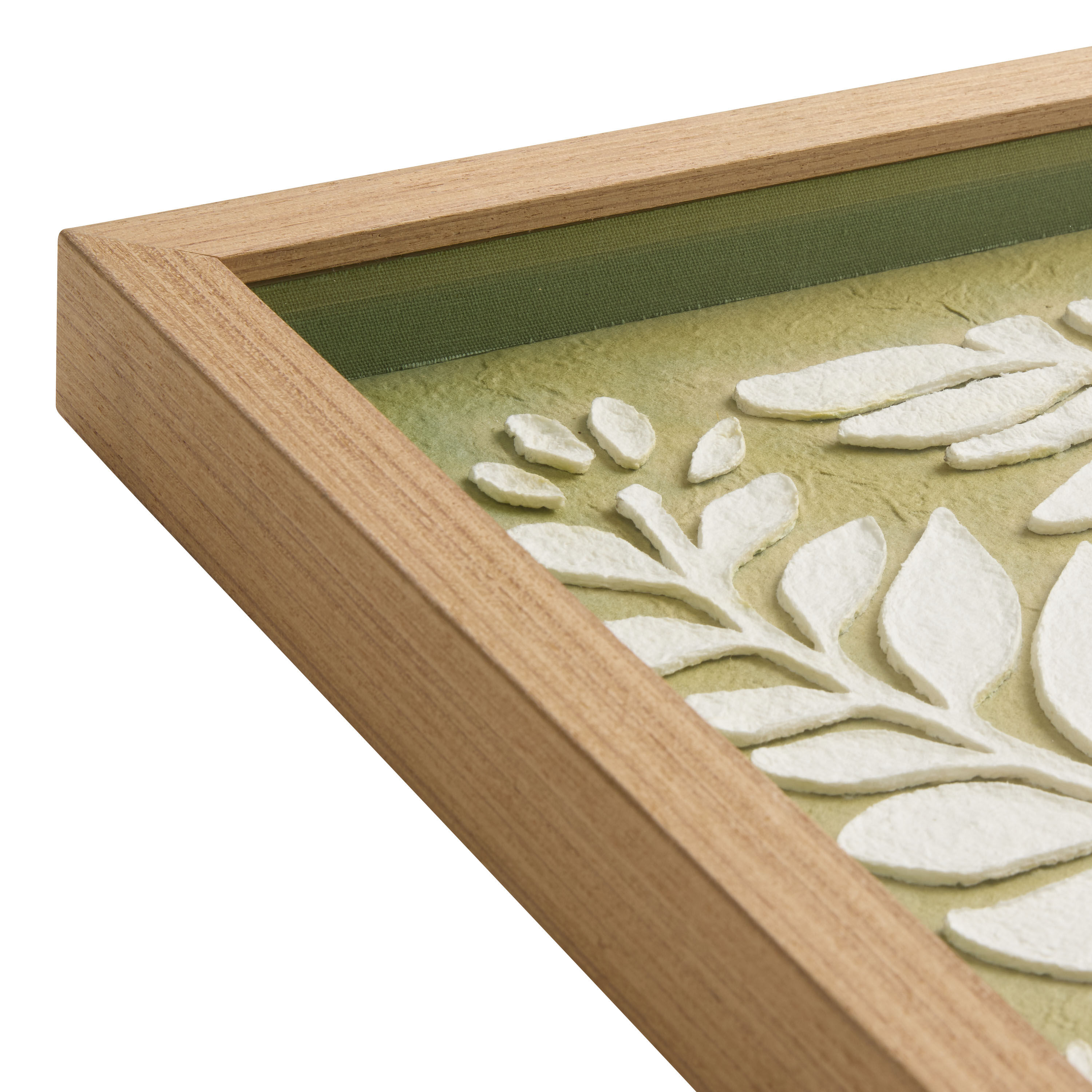 White and Olive Green Rice Paper Leaves Shadow Box Wall Art image number 2