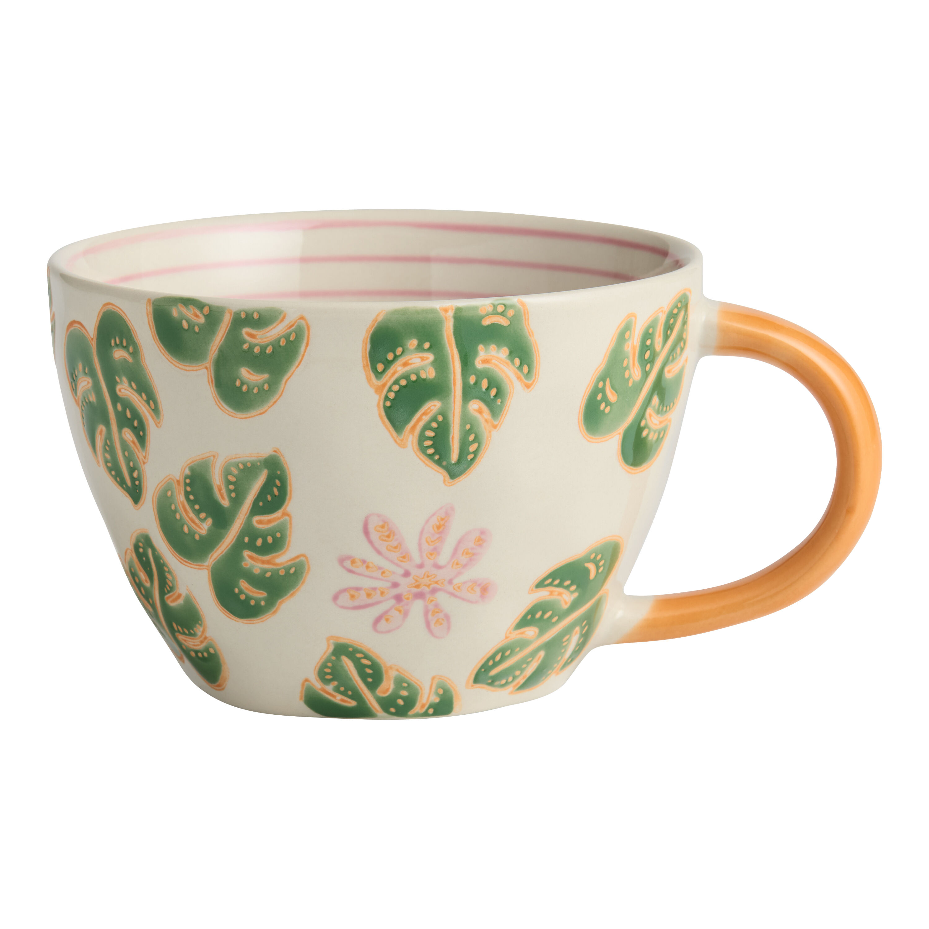 Orange and Green Monstera Stripe Hand Painted Ceramic Mug image number 0