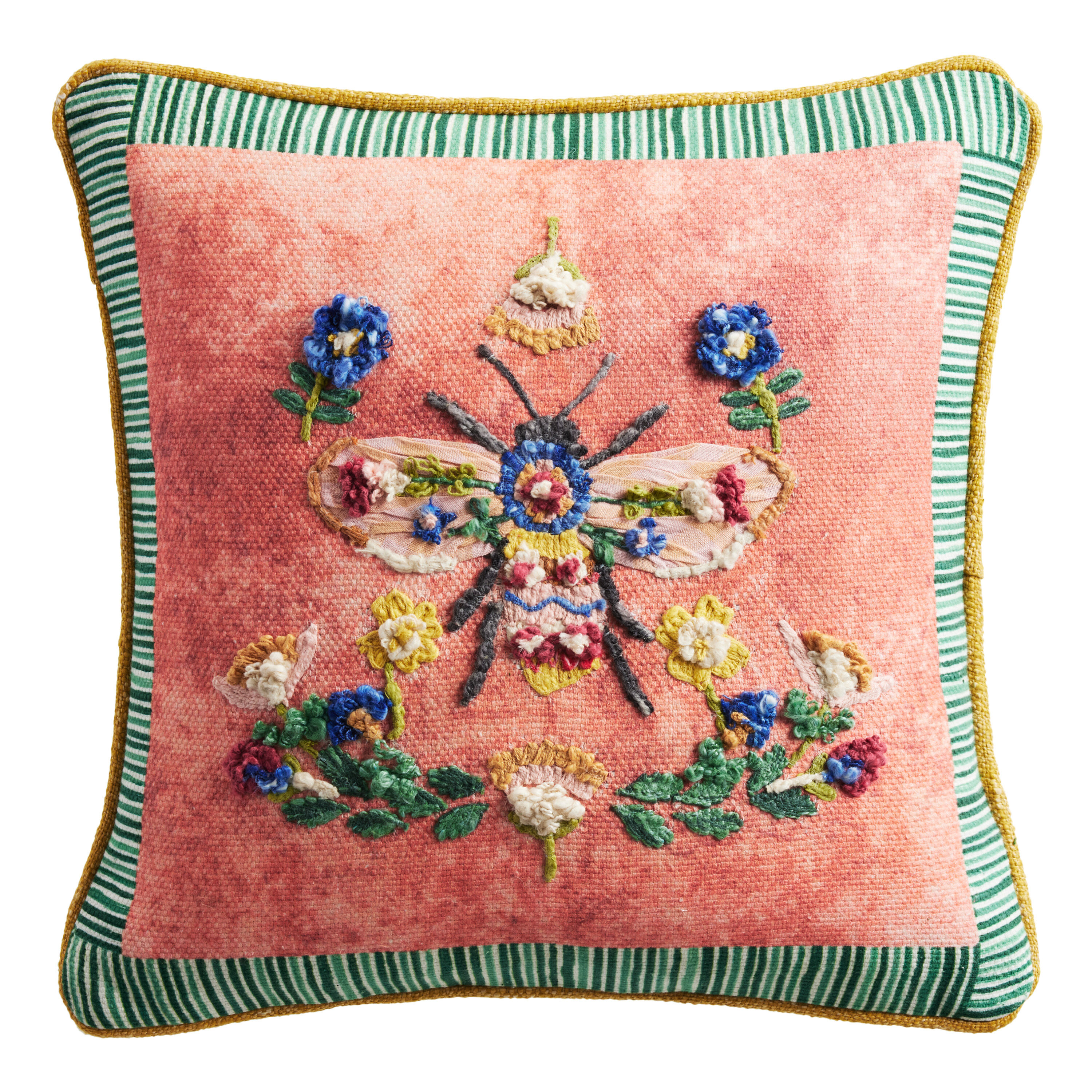Coral Embroidered Floral Bee Throw Pillow World Market