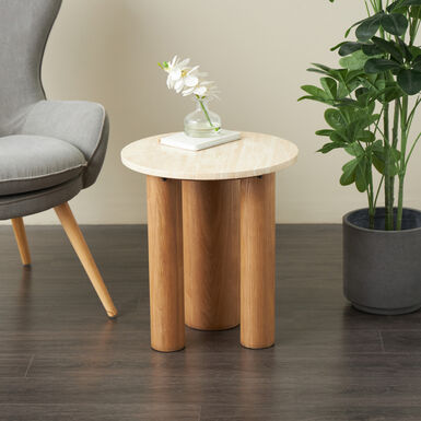Vesper Round Beige Travertine and Wood End Table Vesper Round Beige Travertine and Wood End Table
