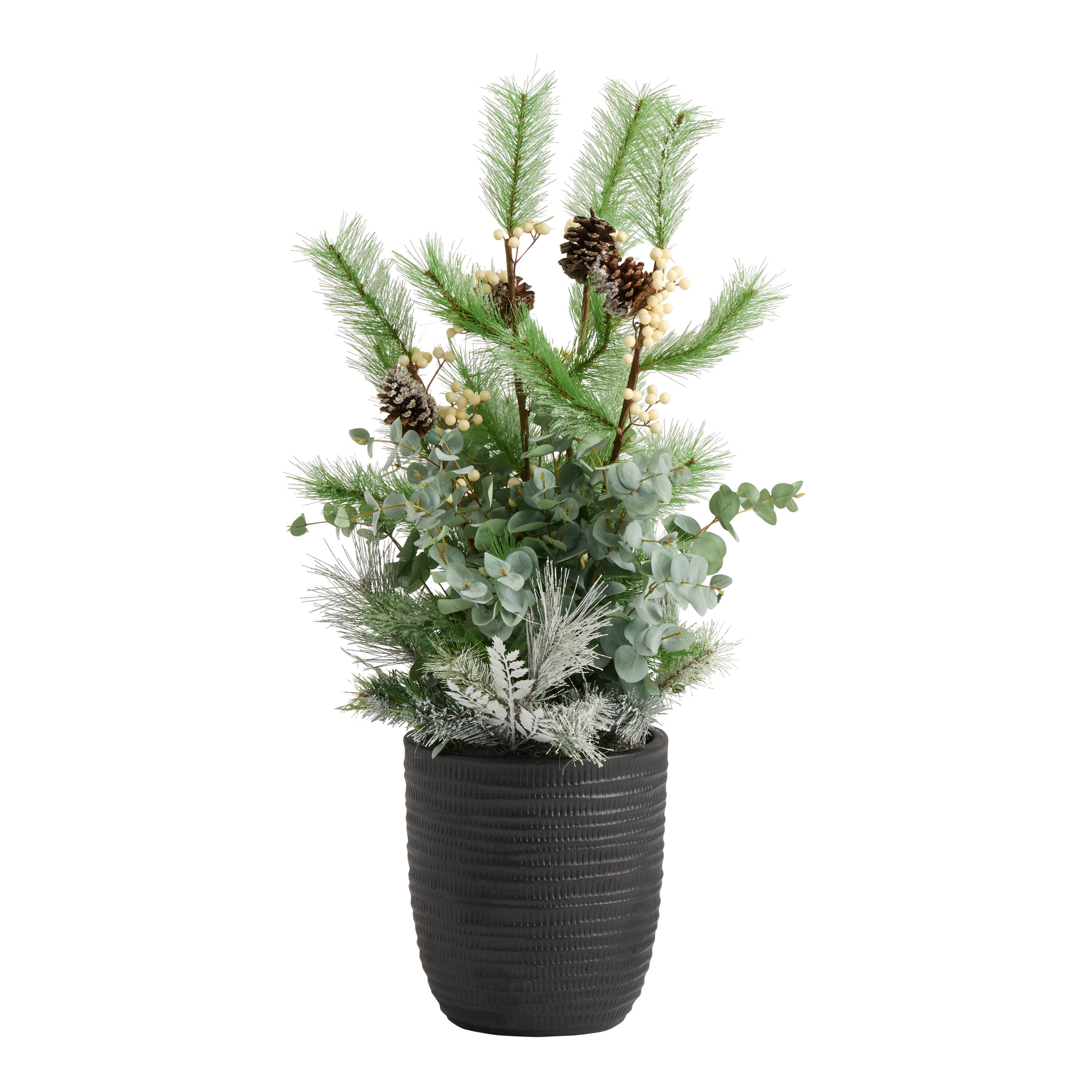 Holiday Faux Greenery and White Berries Ceramic Porch Pot