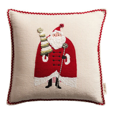 Ivory And Red Embroidered Folklore Santa Throw Pillow Ivory And Red Embroidered Folklore Santa Throw Pillow