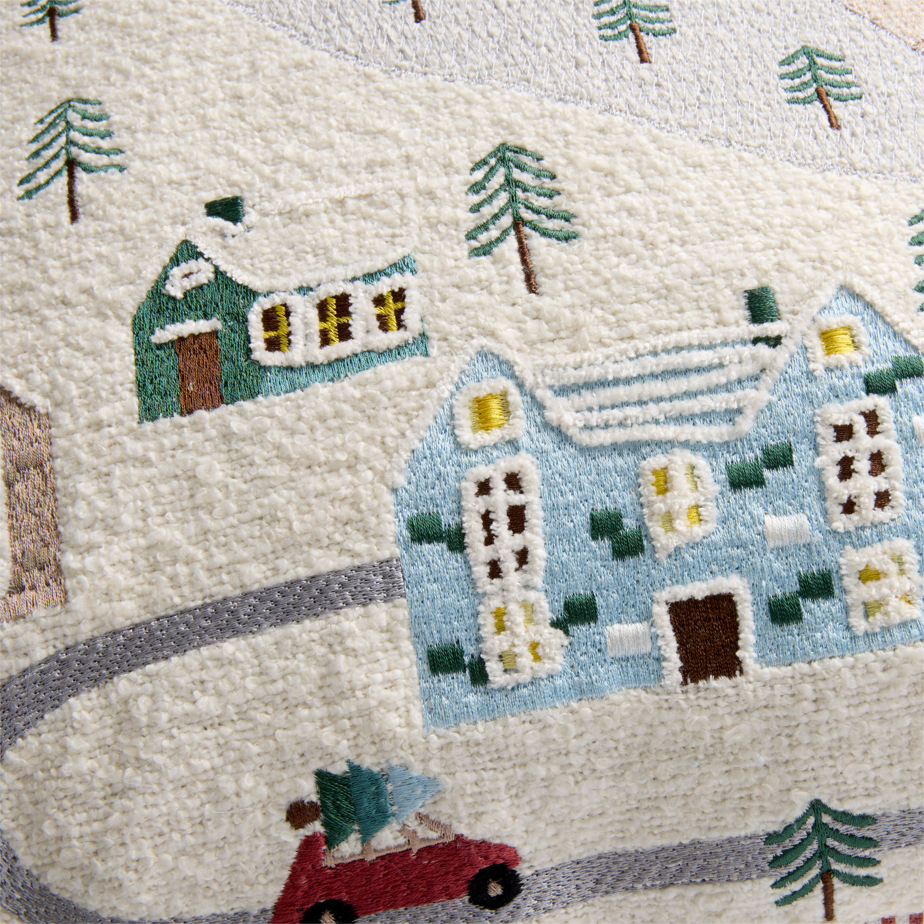Blue and Ivory Snow Village Embroidered Throw Pillow Cover image number 3