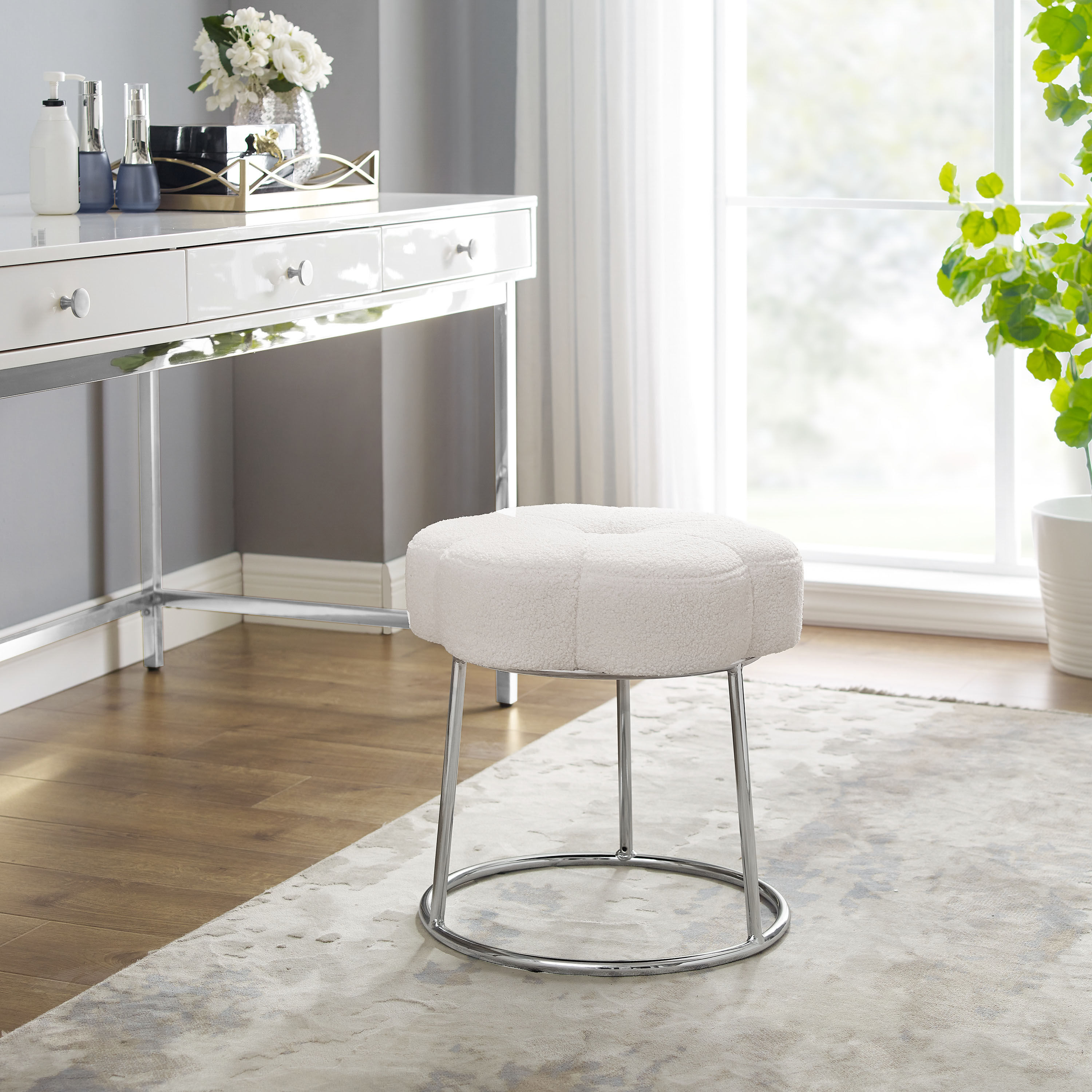 Angelina White Sherpa Flower Upholstered Stool image number 1