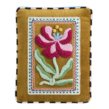 Multicolor Velvet Tufted Vintage Flower and Check Throw Pillow Multicolor Velvet Tufted Vintage Flower and Check Throw Pillow