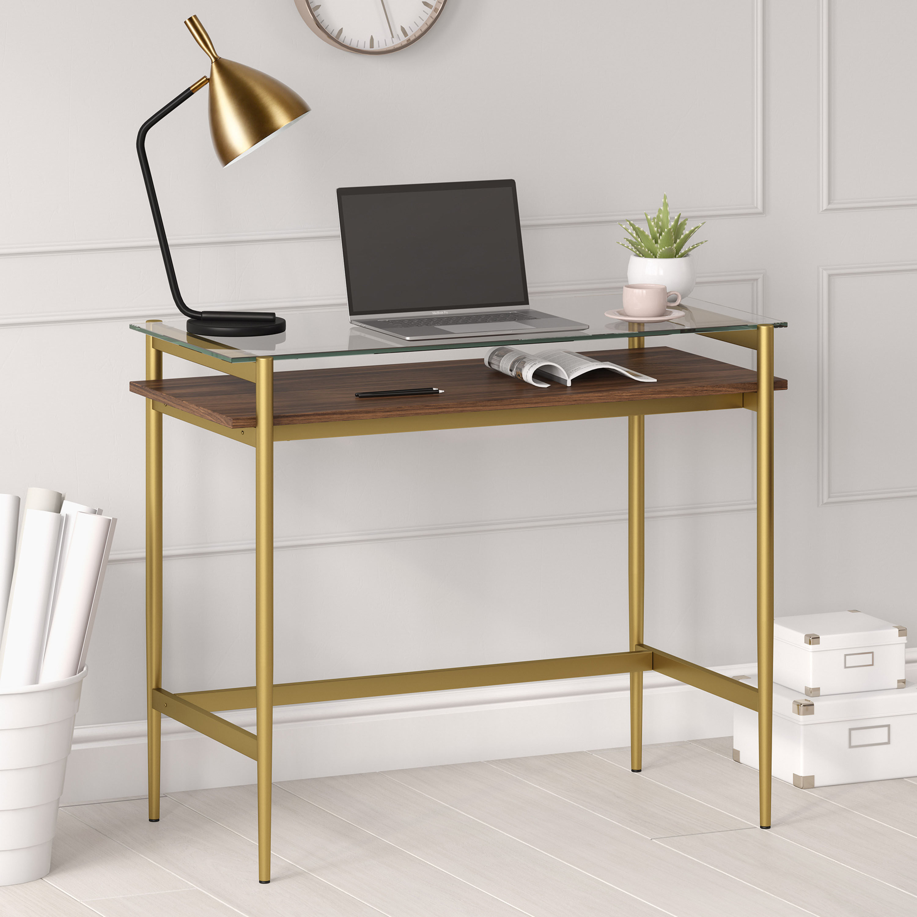 Ruta Brass and Walnut Glass Top Desk with Shelf by World Market