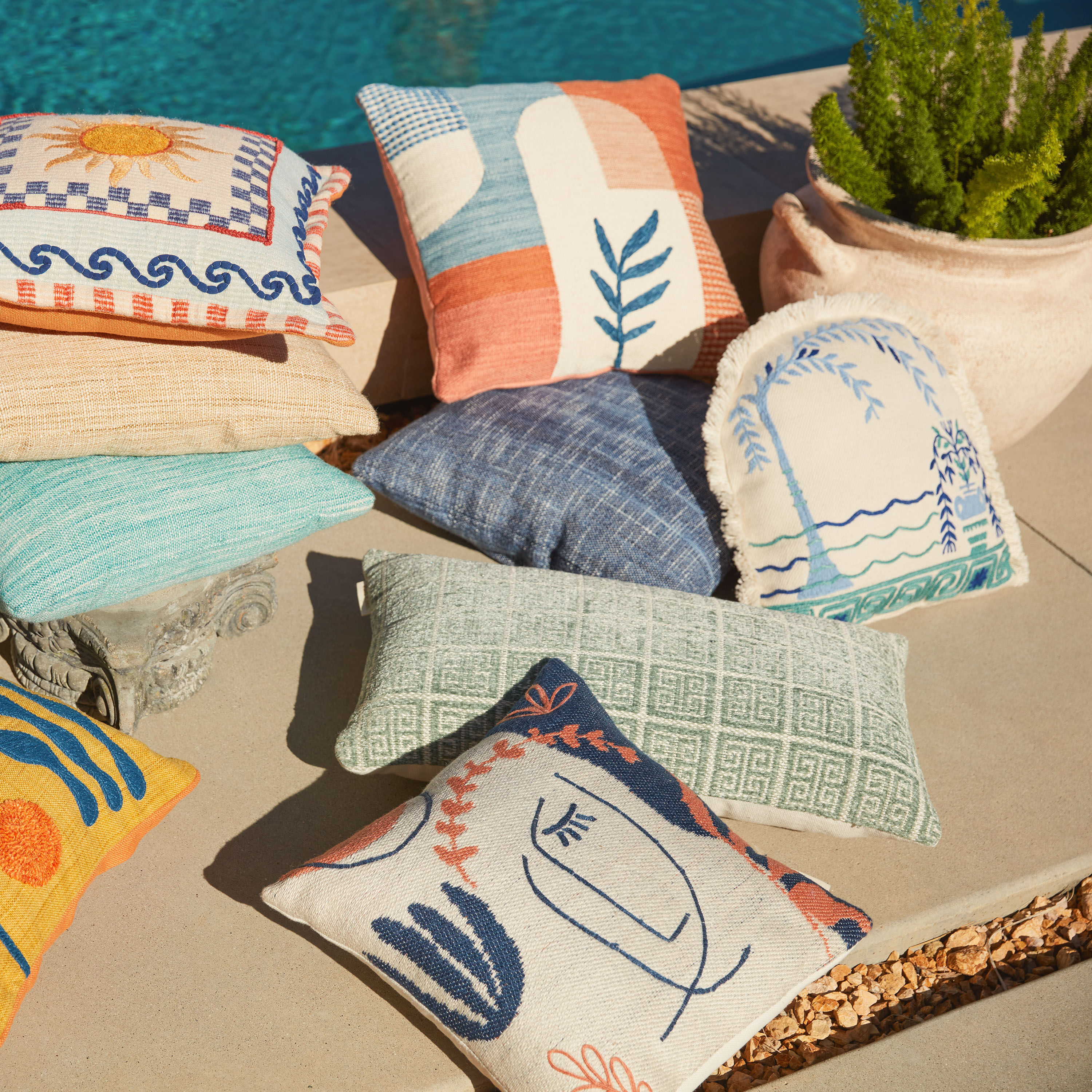 Blue And Coral Abstract Face Indoor Outdoor Throw Pillow