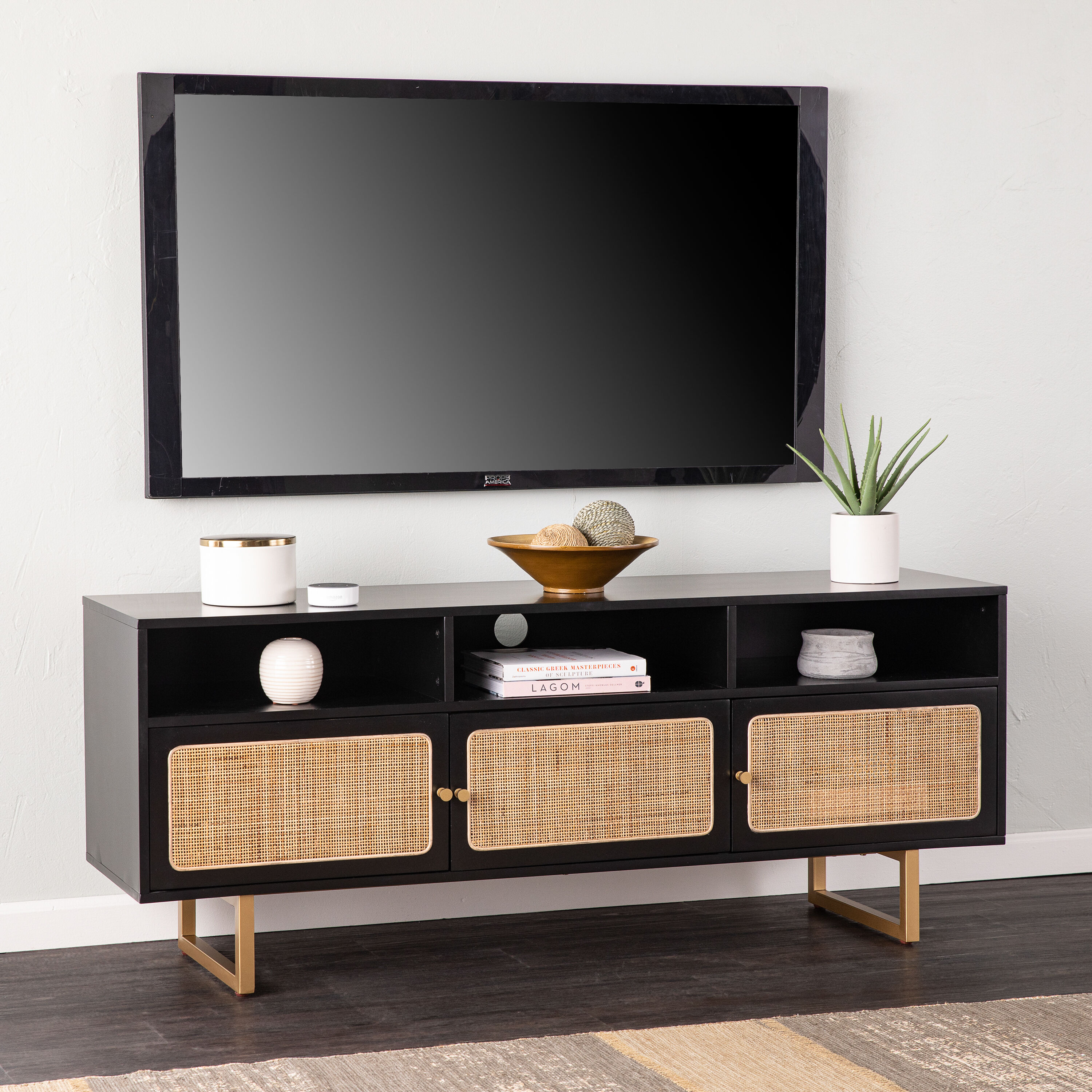 Dunbar Black Wood And Gold Metal Cane Media Stand World Market