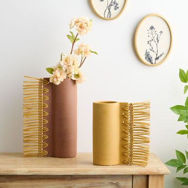 Mauve Ceramic and Faux Leather Textured Fringed Vase Mauve Ceramic and Faux Leather Textured Fringed Vase