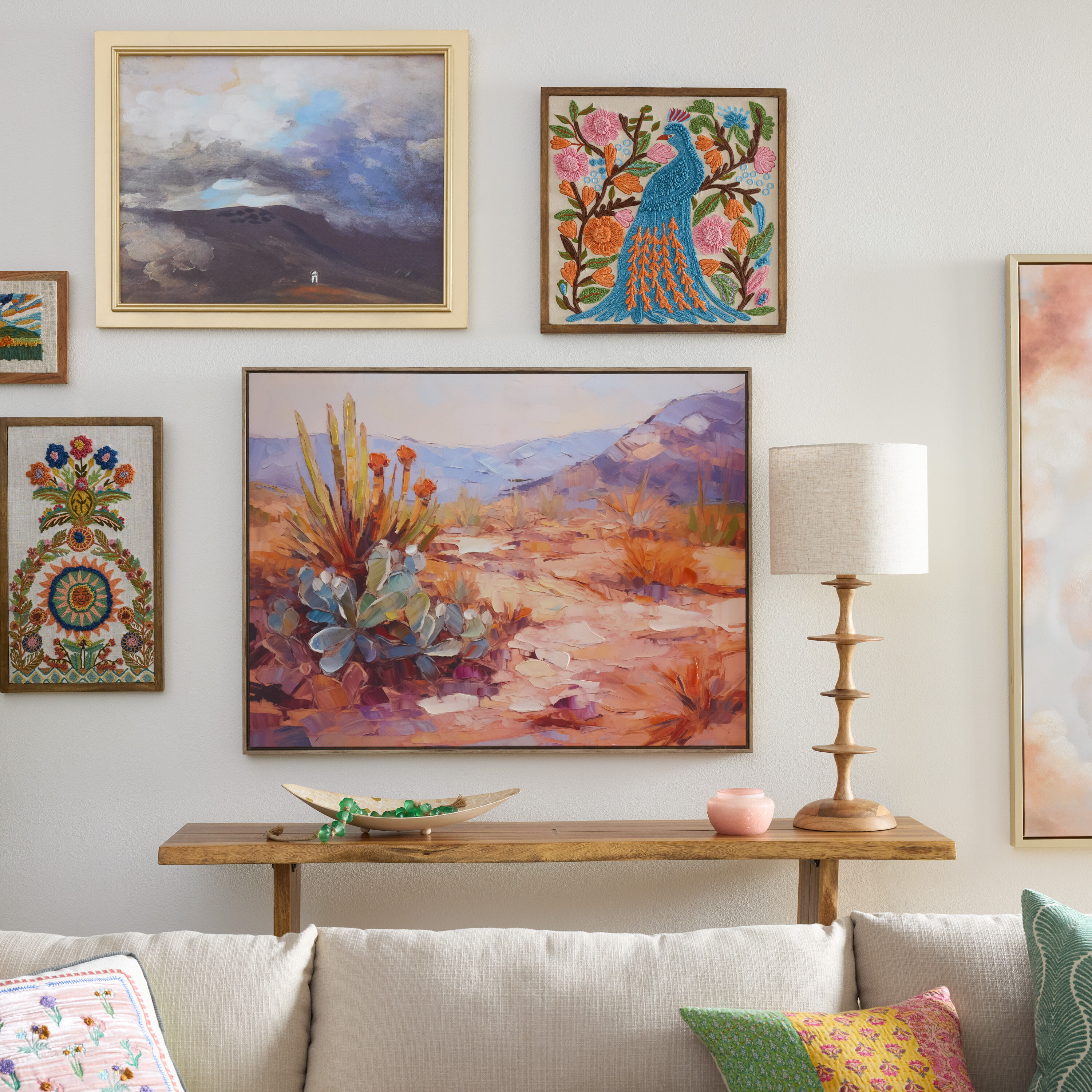 Blue Peacock Embroidered Cotton Framed Wall Art