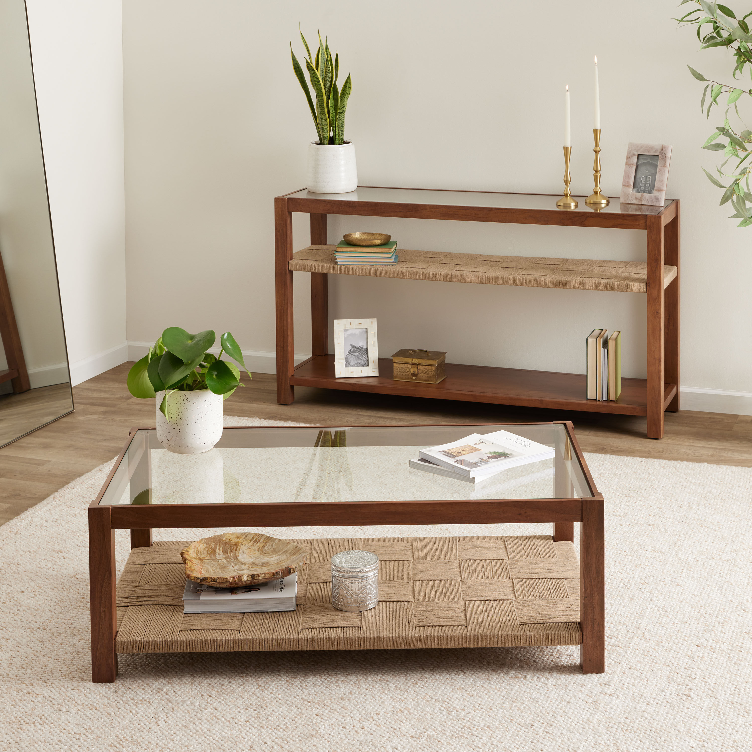 Lincoln Wood and Jute Glass Top Console Table with Shelves World