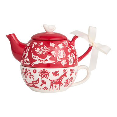 Red and White Ceramic Scandi Tea for One Teapot and Mug Set Red and White Ceramic Scandi Tea for One Teapot and Mug Set