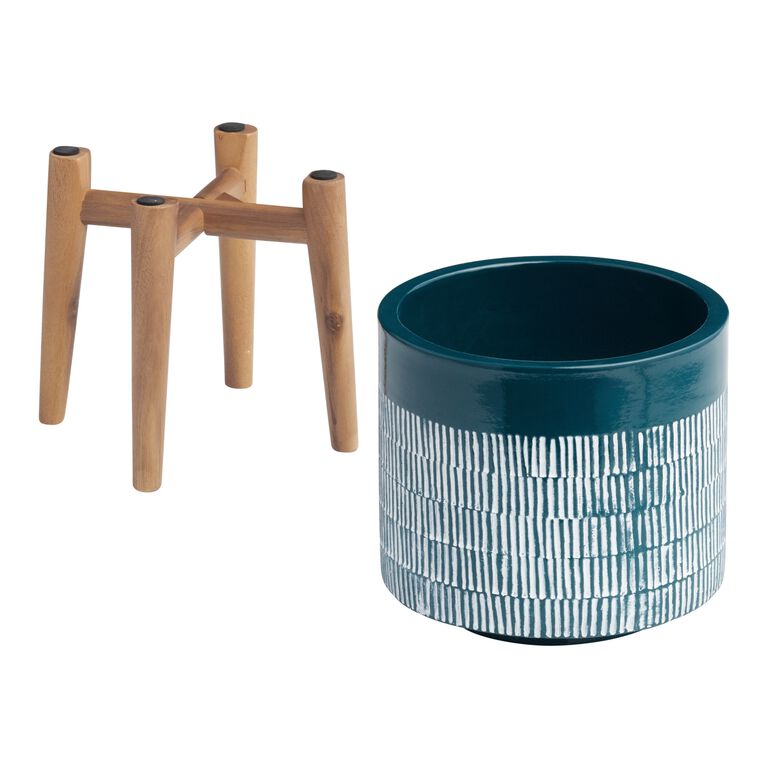 Dark Turquoise Ceramic Planter with Wood Stand image number 2