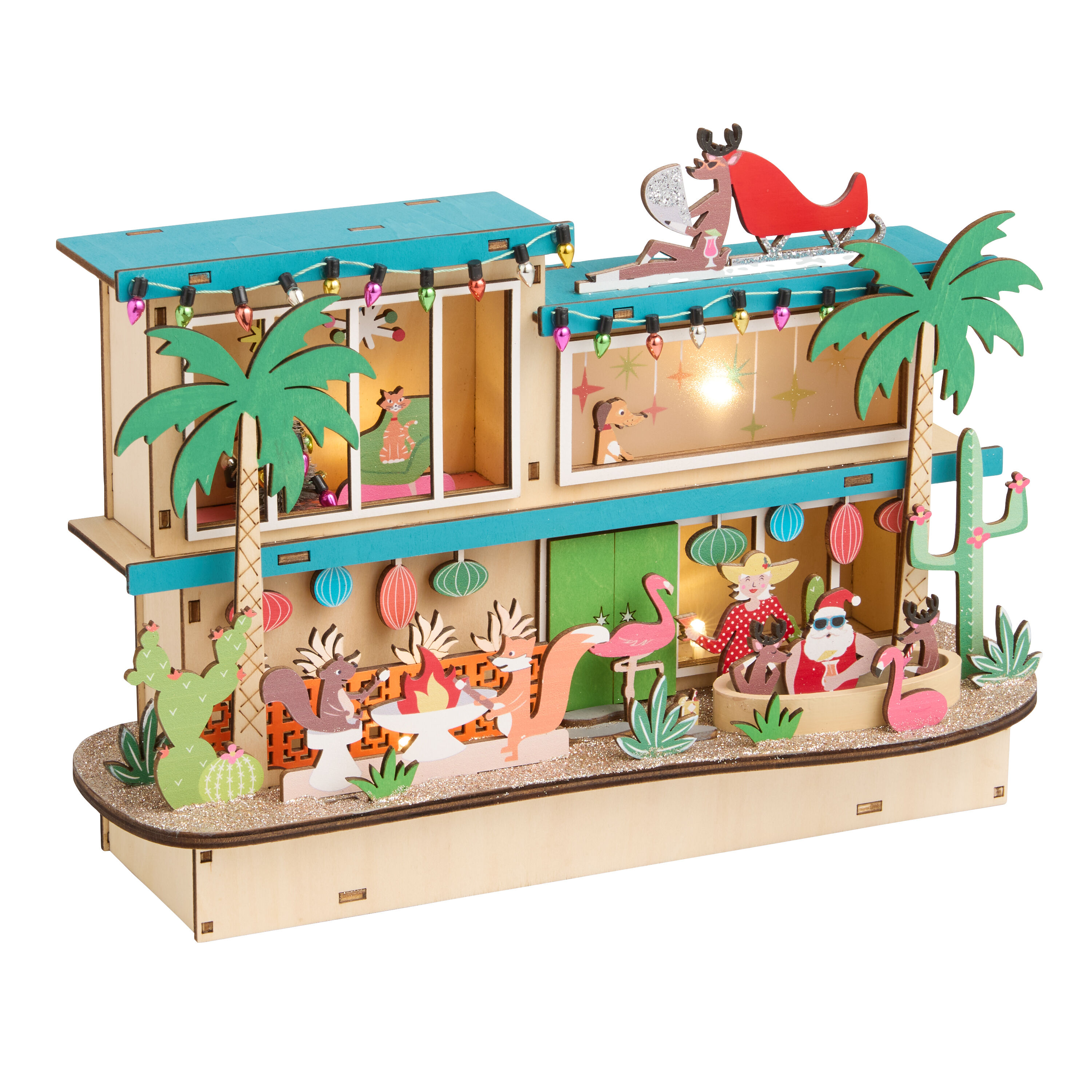 Laser Cut Wood Mid Century Vacation House LED Light Up Decor image number 1