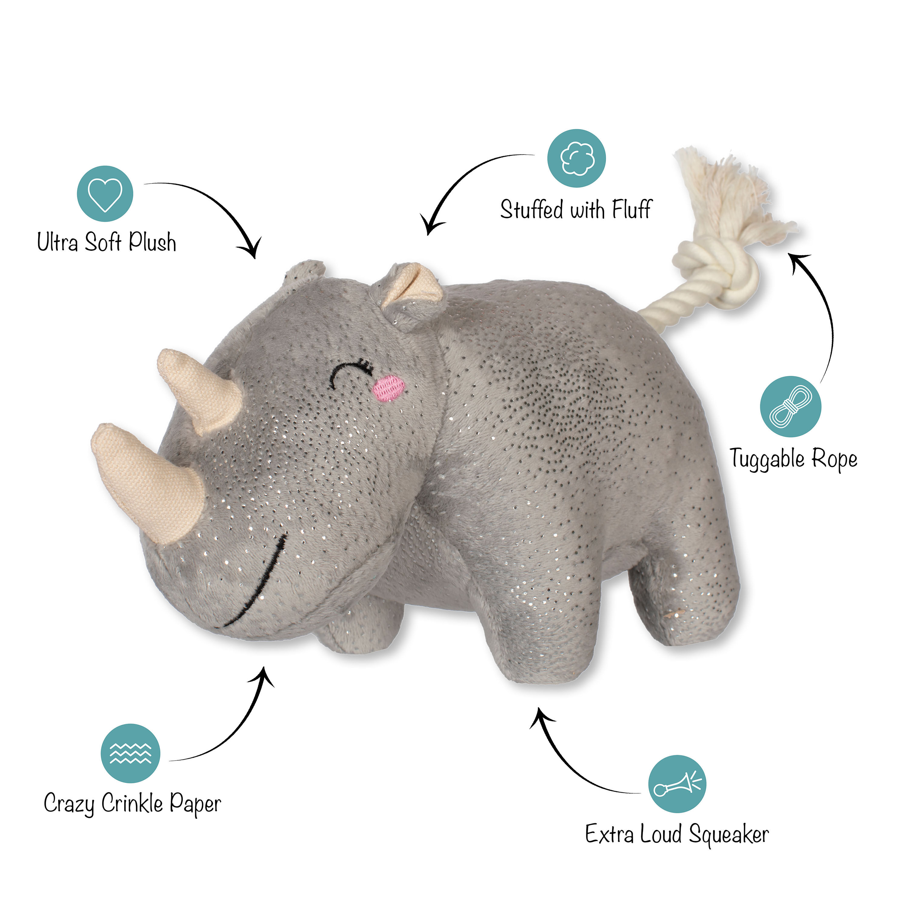 Plush and Rope Rhinoceros Squeaky Dog Toy image number 2