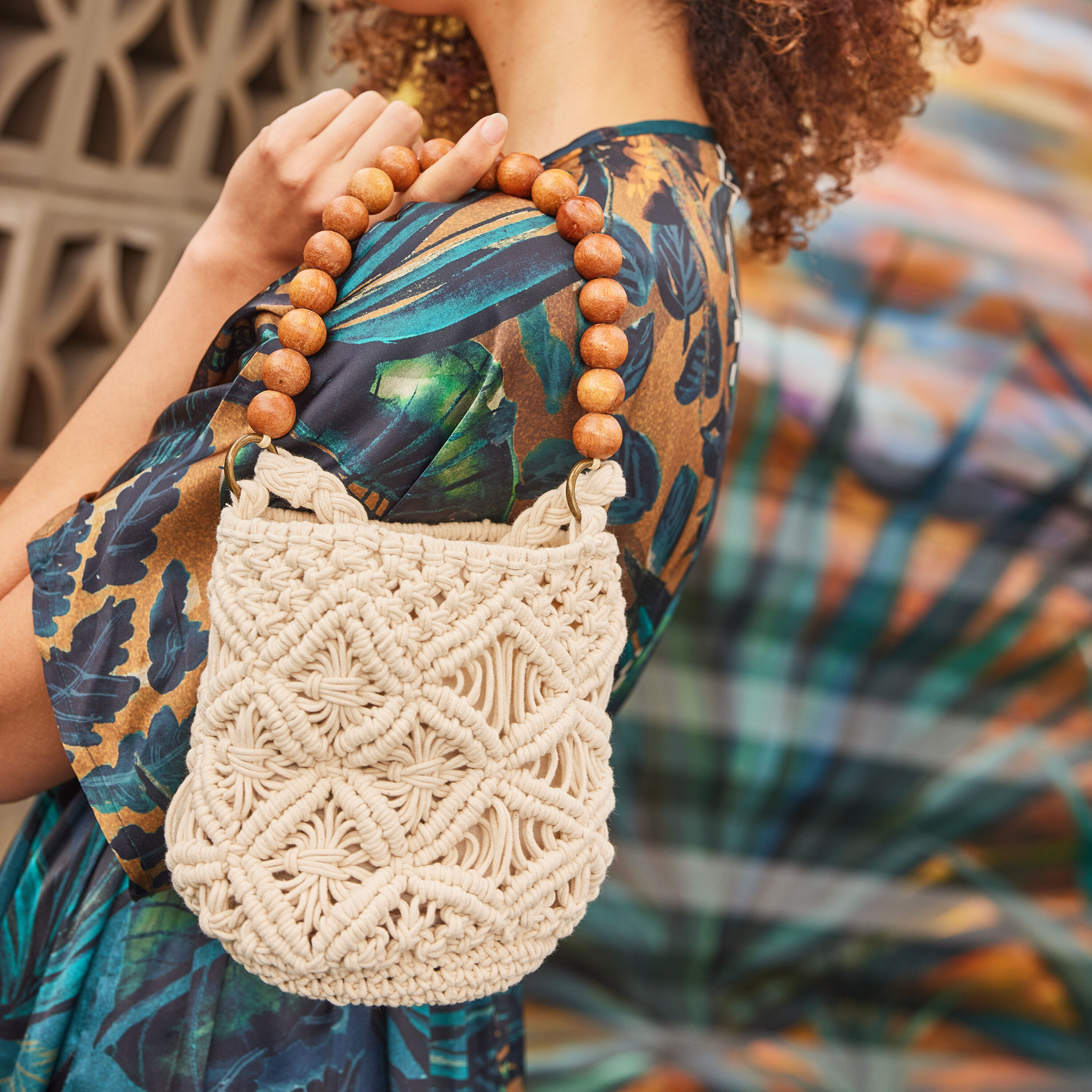 Ivory Macrame Crossbody Bucket Bag With Wood Handle World Market