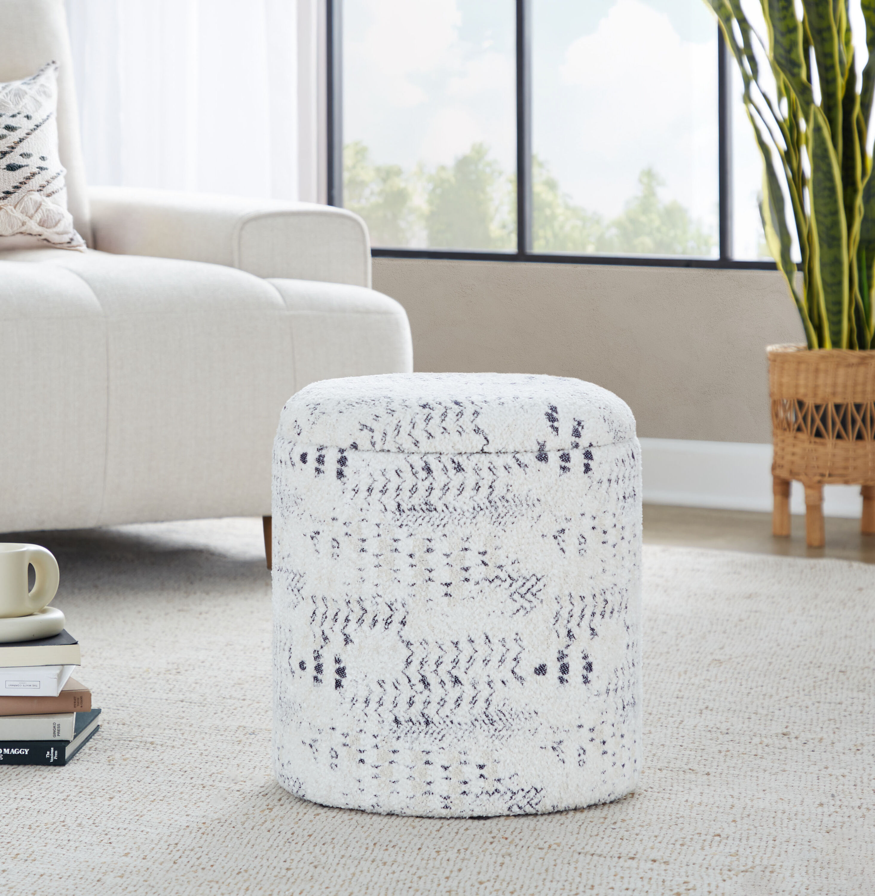 Jarek Round Ivory and Black Geo Upholstered Storage Ottoman
