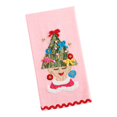 Pink Christmas Tree Hat Lady Embroidered Kitchen Towel Pink Christmas Tree Hat Lady Embroidered Kitchen Towel