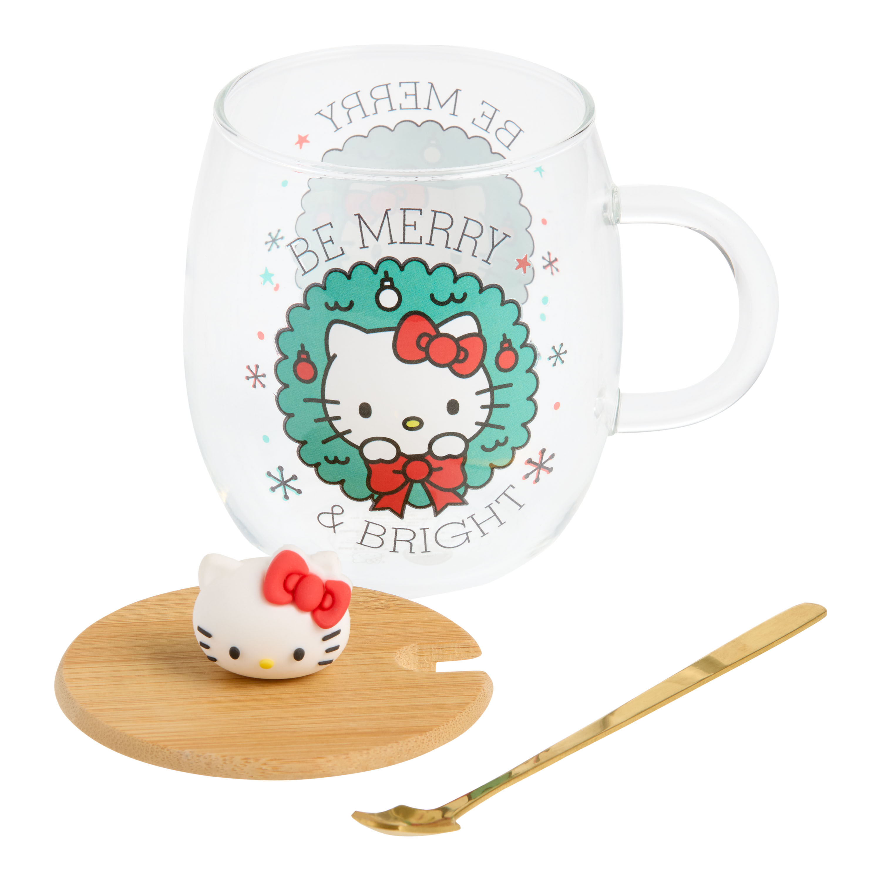 Hello Kitty Christmas Merry Glass Mug with Lid and Spoon image number 1