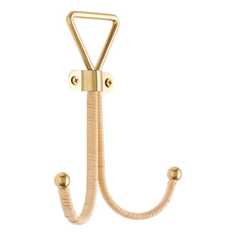 Gold Metal And Cane Wrapped Double Wall Hook